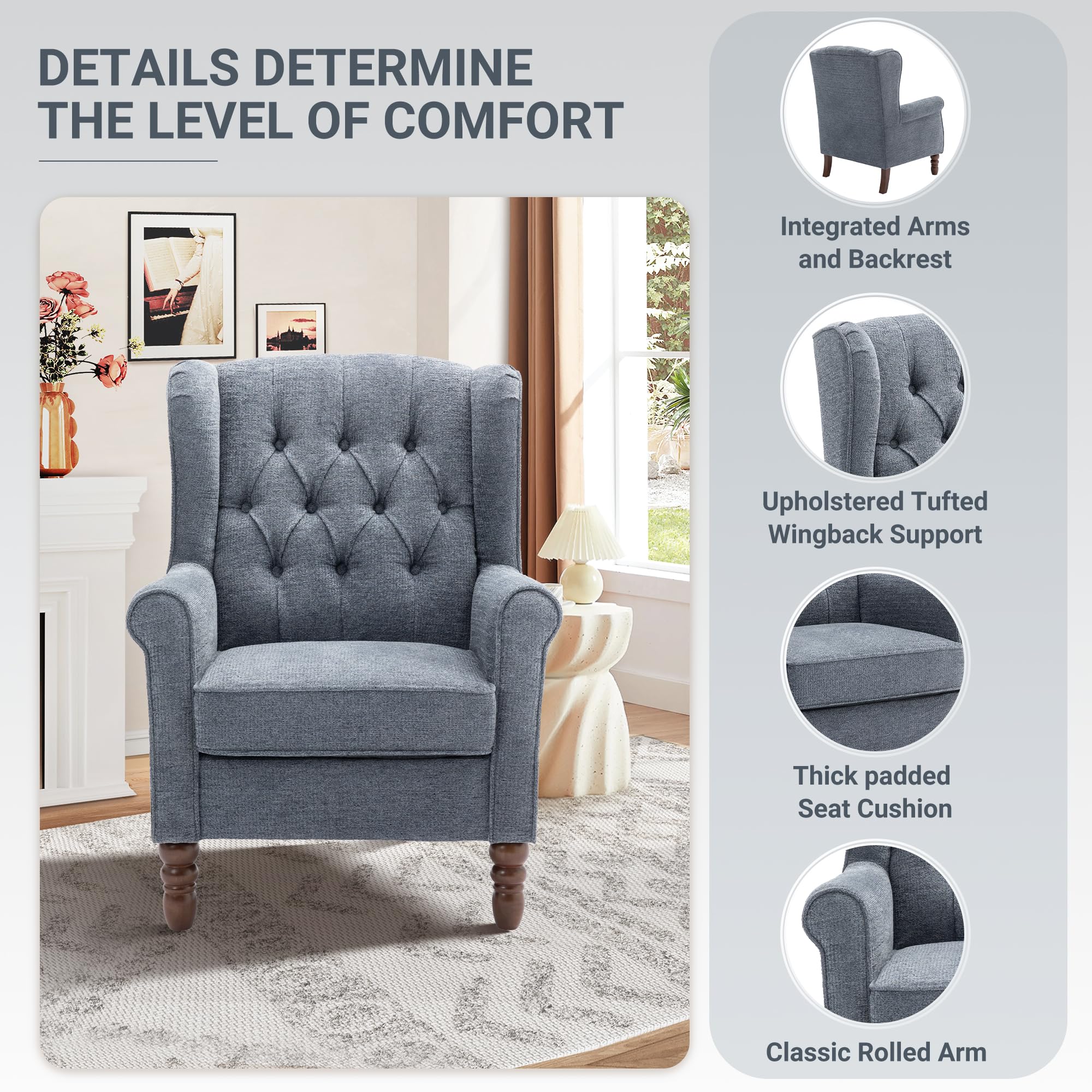 Wingback Armchair for Living Room Upholstered High Back Accent Chair with Tufted Backrest, Rolled Arms and Solid Wood Legs - Image 2