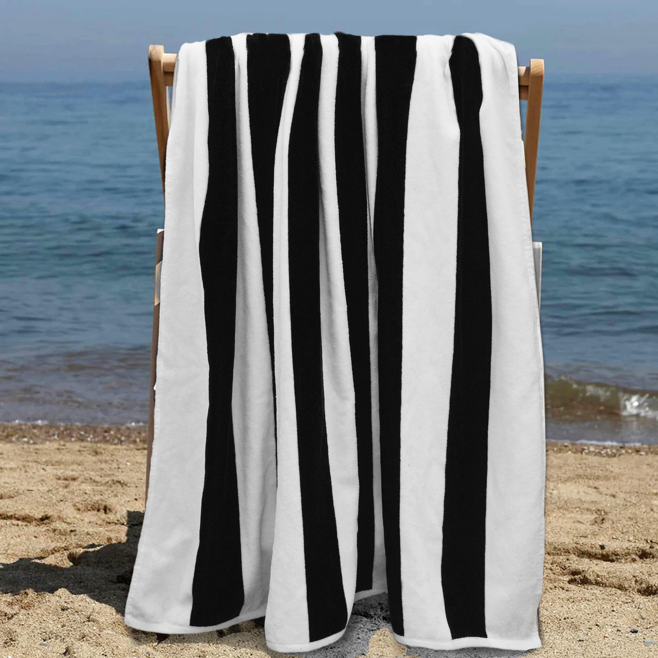 Cotton Craft Lot de 2 Serviettes de Plage surdimensionnées, Taille XXL, 89,9 x 213,4 cm, Rayures Cabana Aqua | The Big Kahuna Serviette de plage extra large de 2,1 m – Grande et grande – 100 % coton velours doux de luxe pour piscine