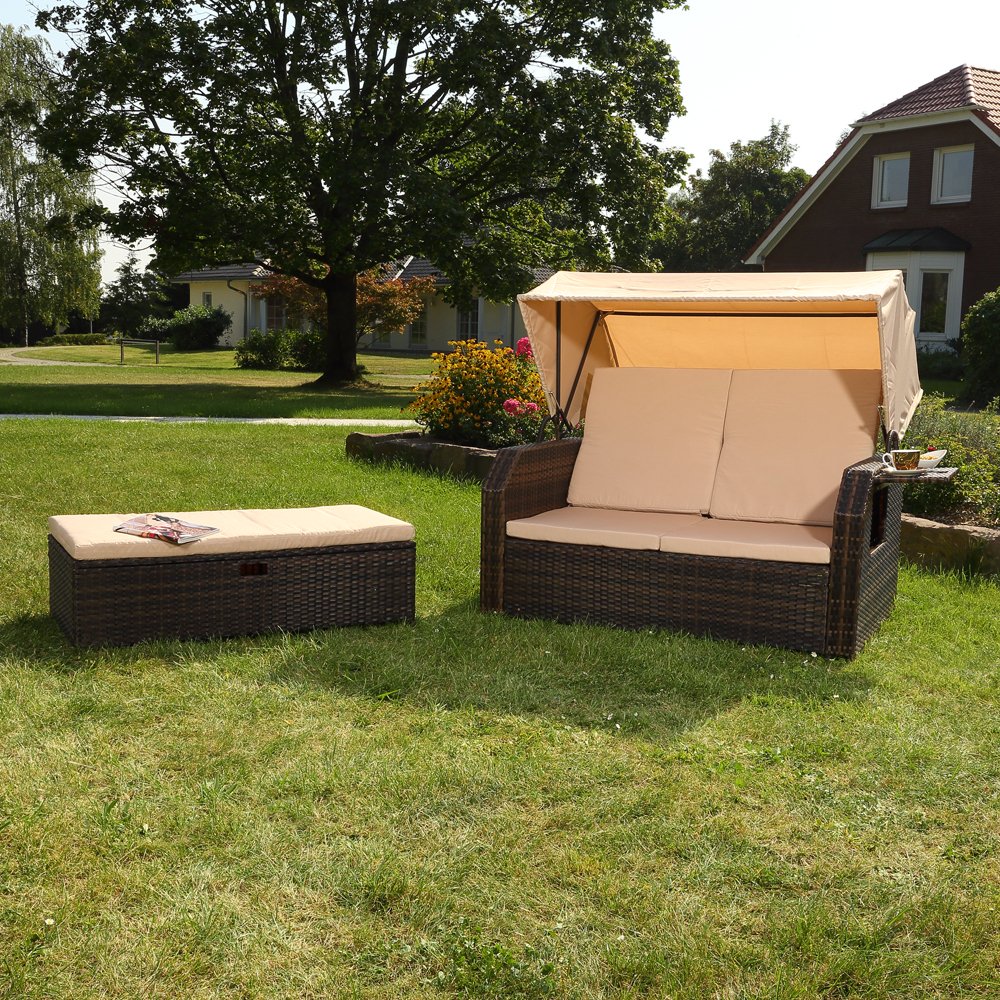 Melko Sonnenbett/Strandkorb/Lounge aus Polyrattan, Braun, inkl. klappbaren Seitentisch +verstellerbarer Rückenlehne + Faltbare Sonnenschutzdach