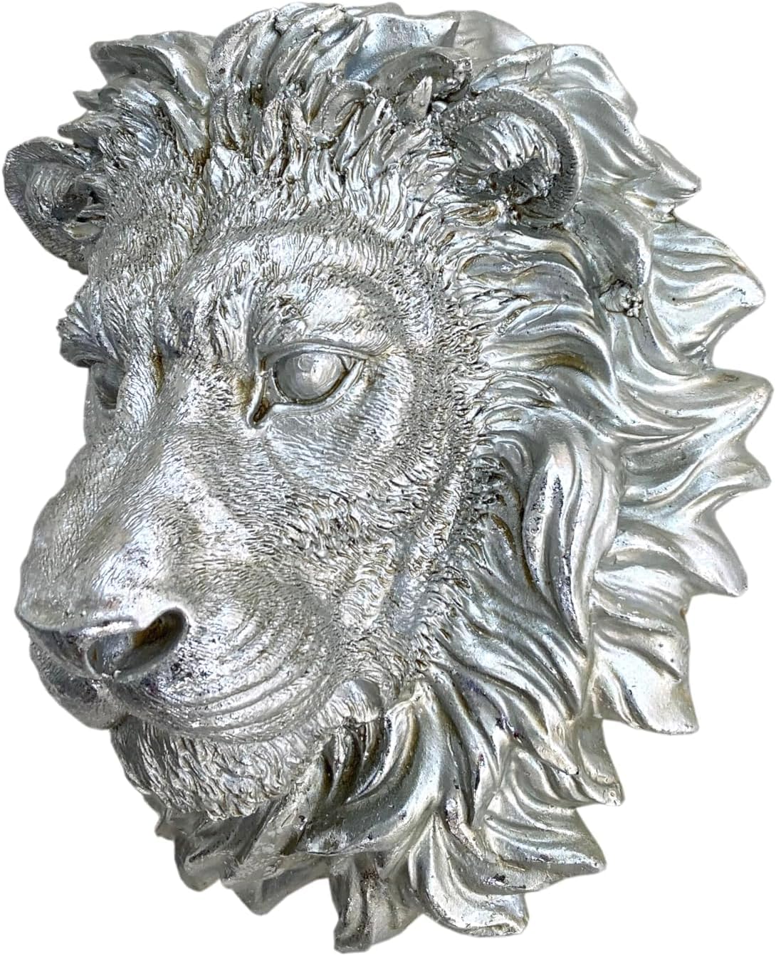 Best Value Here Vintage Silver Wall Mounted Lion Hanging Ornament Resin Big Cat Wildlife animal head Wall Sculpture Decor Hanging Farmhouse Figure art Decorative Accessories (Lion H:28cm)