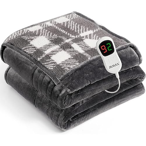 JKMAX Heated Electric Blanket Full Size - 72"x84" Flannel Heating Blanket with 10 Heating Levels & 5 Time Settings Over-Heat Protection, Winter Warmer for Adults with ETL Certification（Grey）