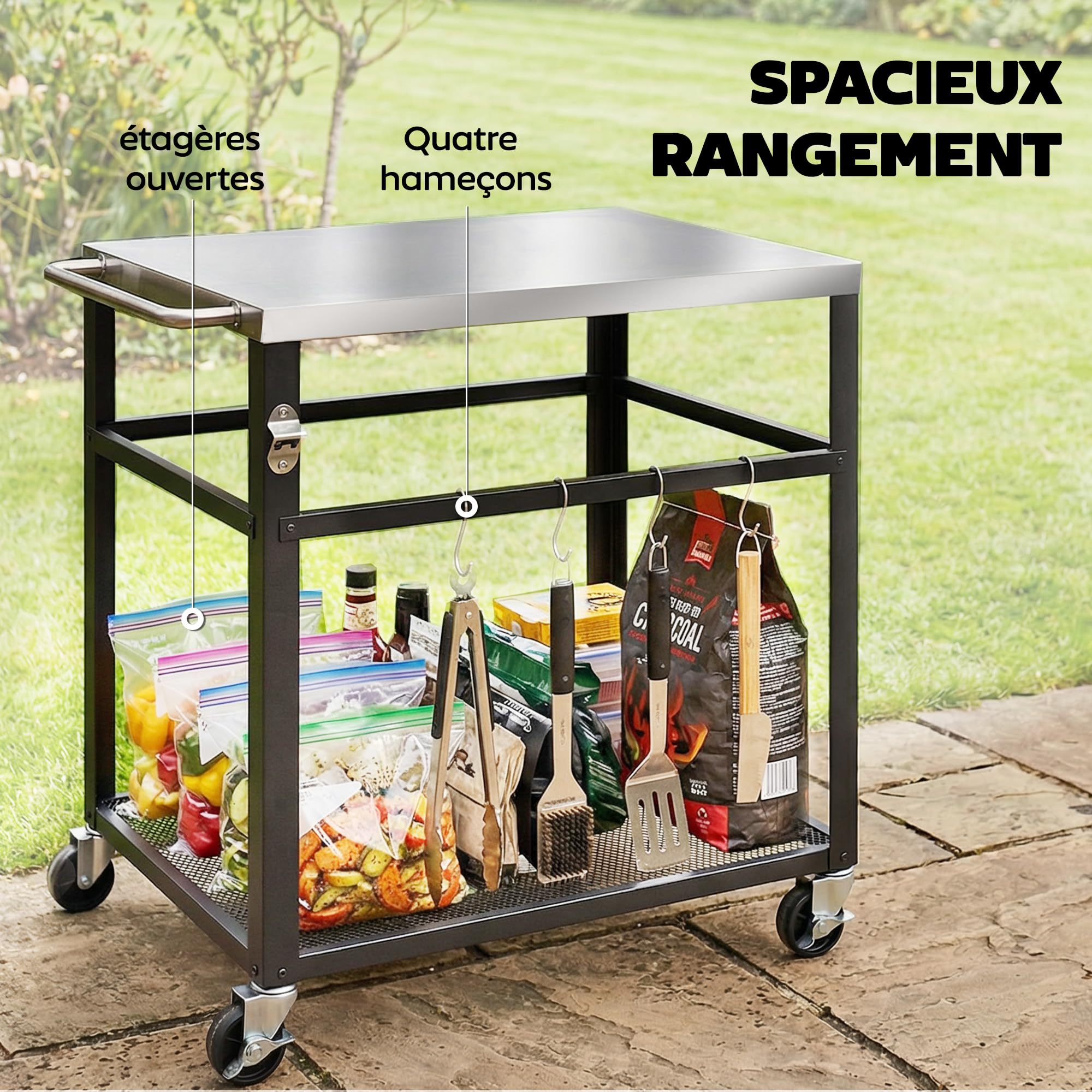 Outsunny Desserte Jardin Chariot de Barbecue sur roulettes îlot de Cuisine Plateau en Acier Inoxydable étagère Ouverte Crochets, poignée et Roues verrouillables, 82 x 55 x 79 cm, Noir