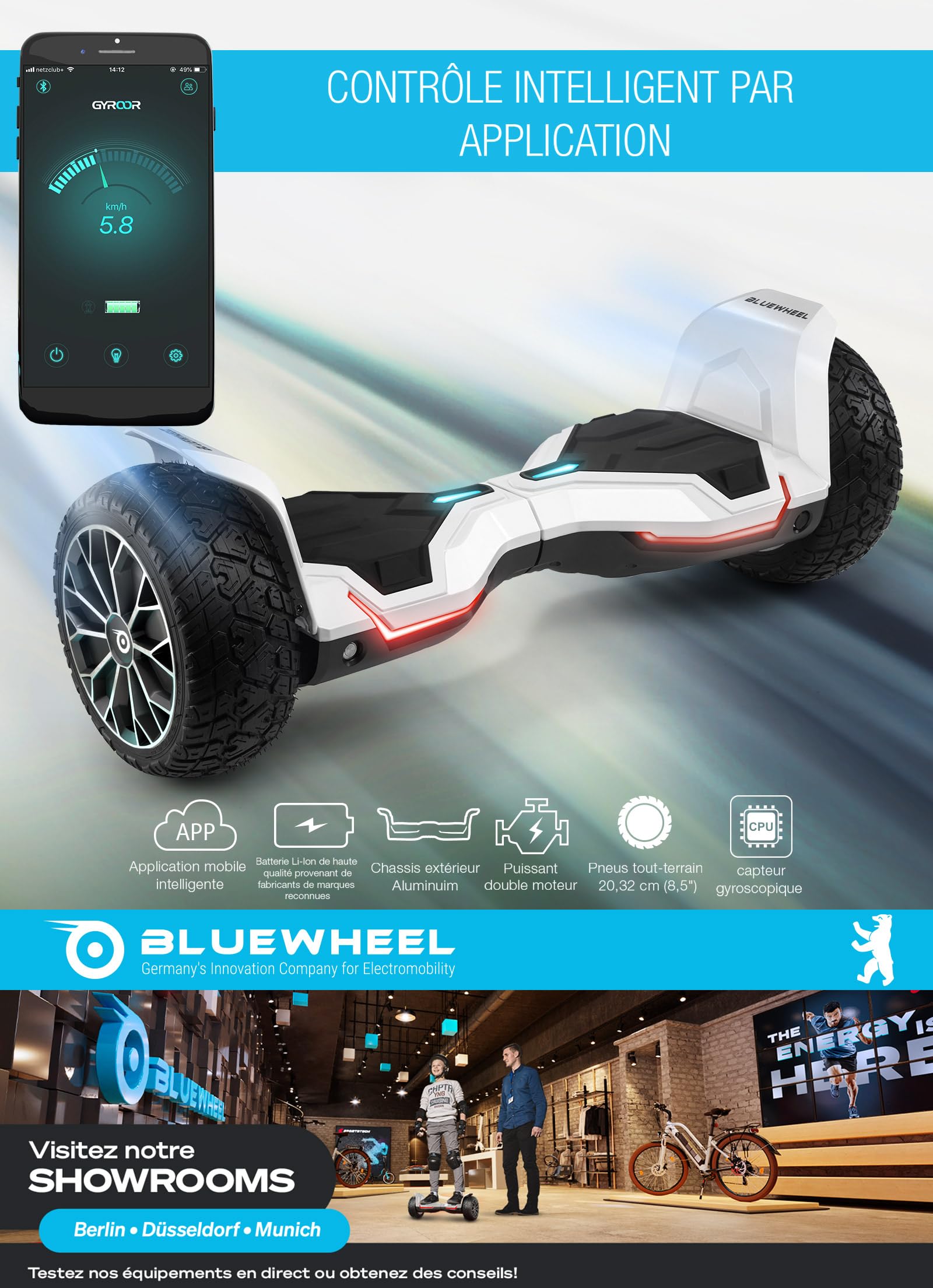 Bluewheel HX510 Hoverboard Tout Terrain 8,5 Pouces, Double Moteur, App, LED | Marque allemande, haut-parleur Bluetooth, éclairage LED, pneus SUV robustes, contrôle par app, mode enfant, , jusqu'à 120 kg