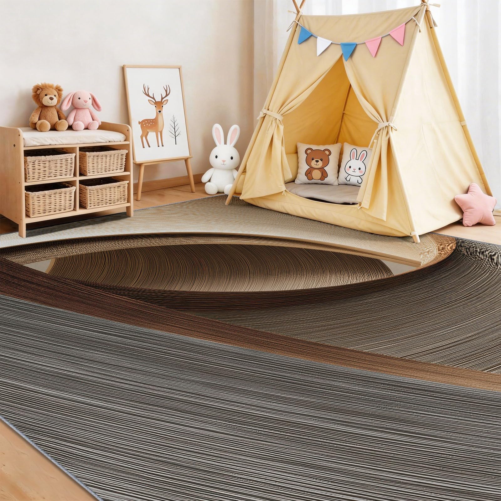 Rippenstruktur S Förmige Kurven Natürlich Minimalistisch Teppich - Rutschfester Waschbarer Ultraweicher Niedriger Flor Flächenteppich, für Wohnzimmer Schlafzimmer Kinderzimmer - 120 x 170 cm