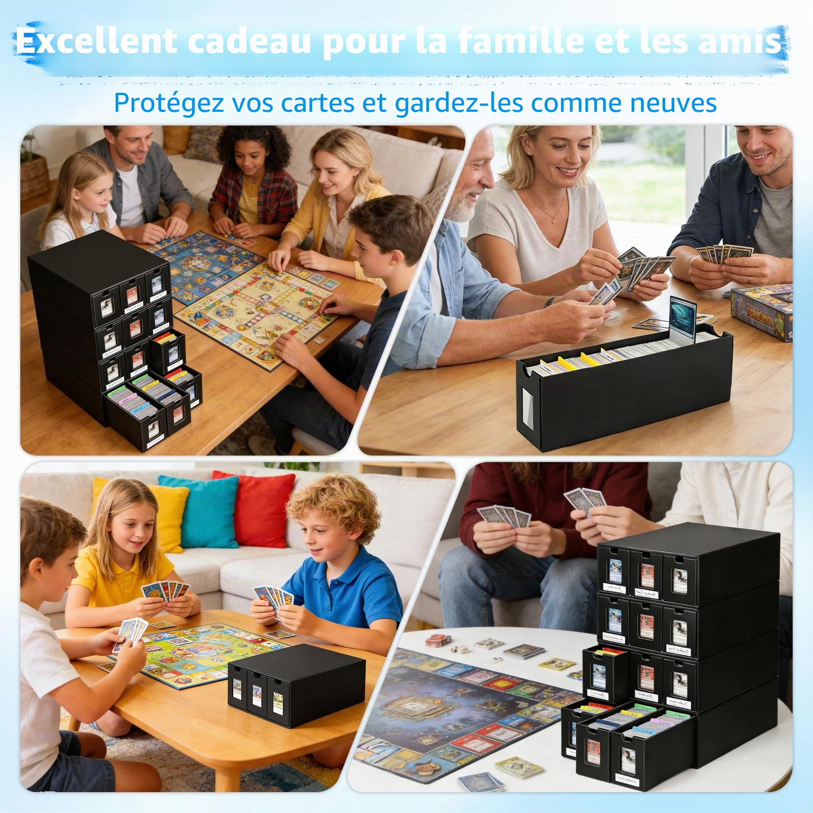Boîte de rangement pour cartes à collectionner à 4 niveaux, boîte de rangement en carton à 12 tiroirs avec 48 intercalaires colorés et étiquettes autocollantes, organiseur de cartes à collectionner