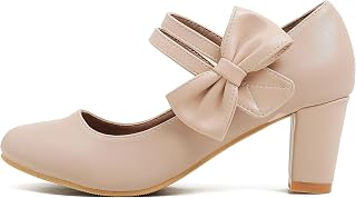 Women's Round Toe Mary Jane Low Heels Closed Chunky Block Double Ankle Strap Bow Pumps Wedding Office Work Dress Shoes