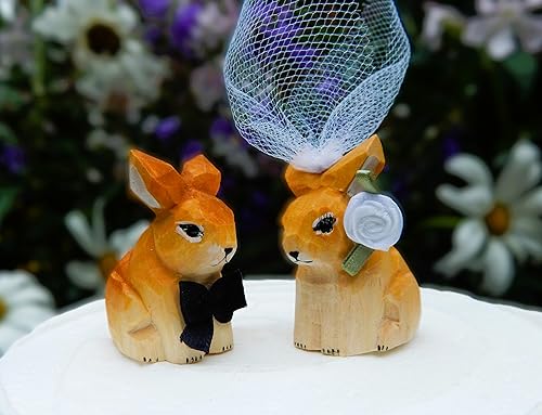 Decoración de madera hecha a mano para pastel de boda, figuras de conejo de novia y novio, estatua de animal tallada rústica, compromiso único,