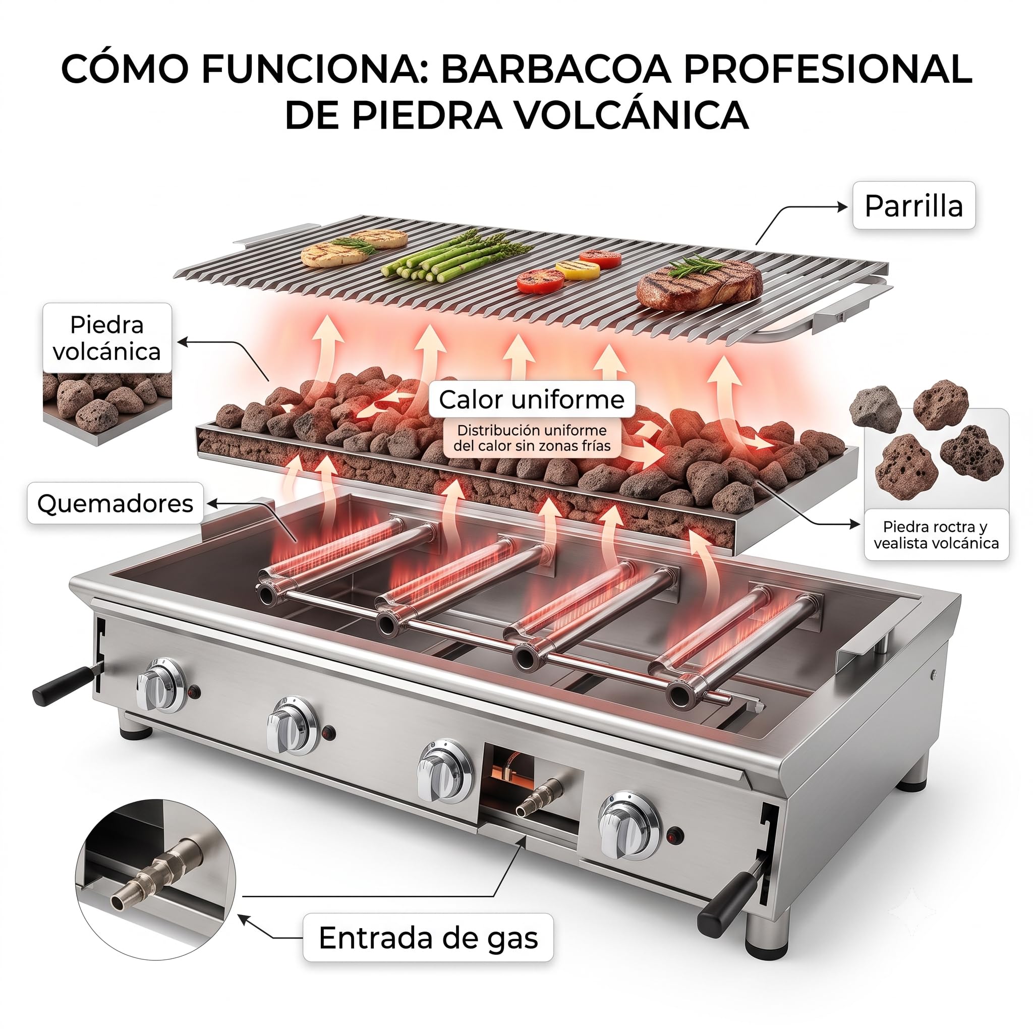 Barbacoa de Gas Profesional 130 cm con Piedra Volcánica | Parrilla de Acero Inoxidable Regulable en 3 Alturas | 8 Quemadores | BBQ Gas de Sobremesa para Hostelería, Hoteles y Catering | 130BAR