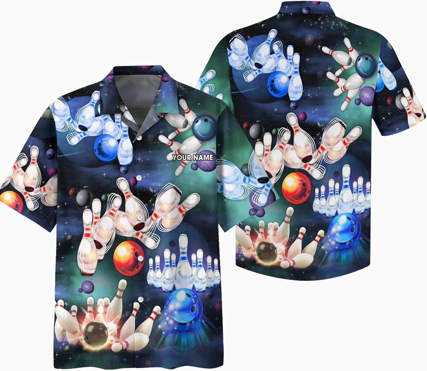 Customize Bowling Hawaii Theme Clothes Print Button Shirt with Neon Bowling Theme and Galaxy Pattern Graphic On it for Bowler