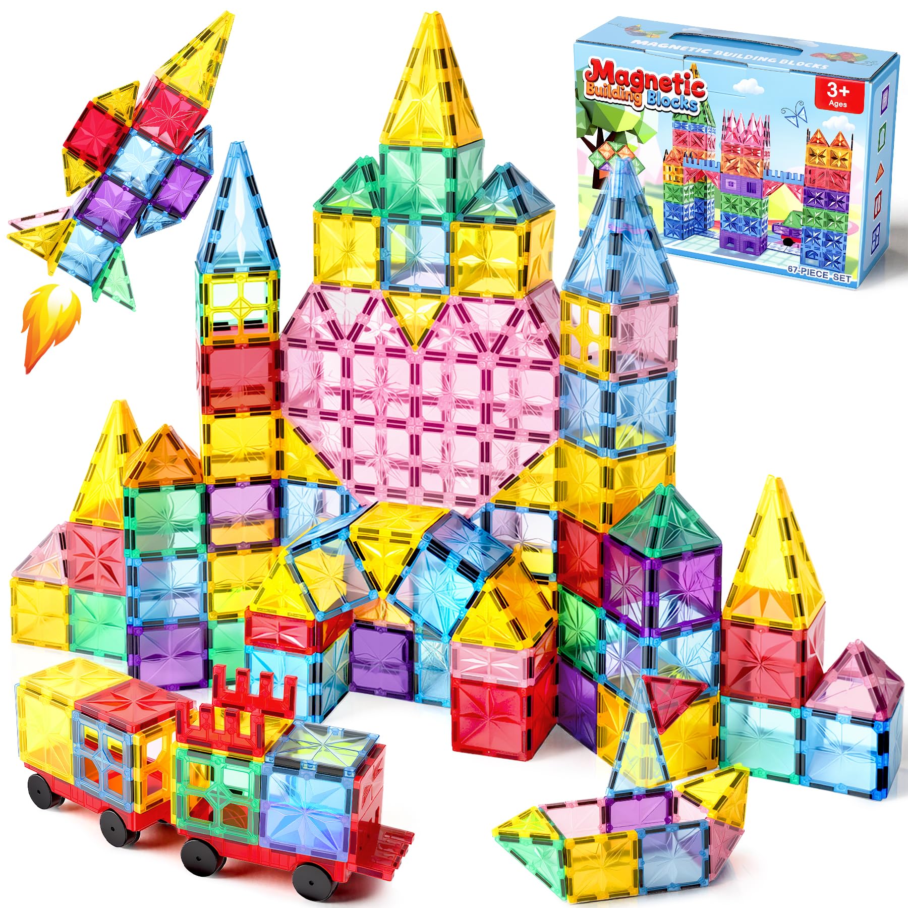 WOOBLO Magnetische Bausteine, 67 Teile Magnetbausteine, Magnetspiel STEM Magnetbausteine, Montessori Spielzeug ab 3 Jahre, Magnete Spielzeug ab 3 4 5 Jahre, Bausatz Geschenk für Kinder Jungen Mädchen