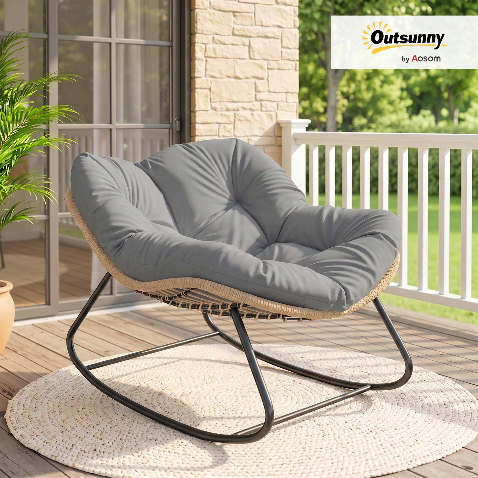 Outsunny Fauteuil à Bascule Papasan, Fauteuil à Bascule Intérieur Extérieur en Résine Tréssée avec Coussin, Chaise Ovale rembourrée en Rotin pour Salon, Jardin, Patio, Balcon, Gris