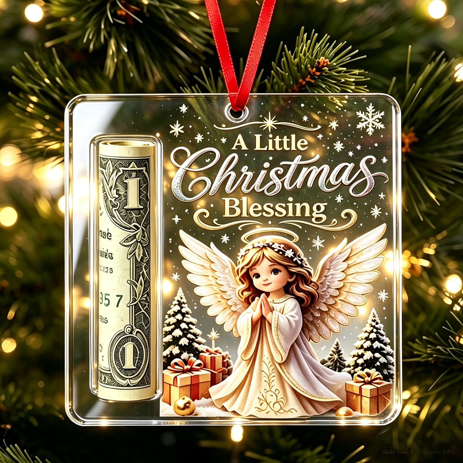 Christmas Money Holders for Cash, Acrylic Hanging Cash GIft Ideas for Xmas White Elephant Secret Santa Gifts, Christmas Tree Decorations Indoor Outdoor Ornaments (Angel)
