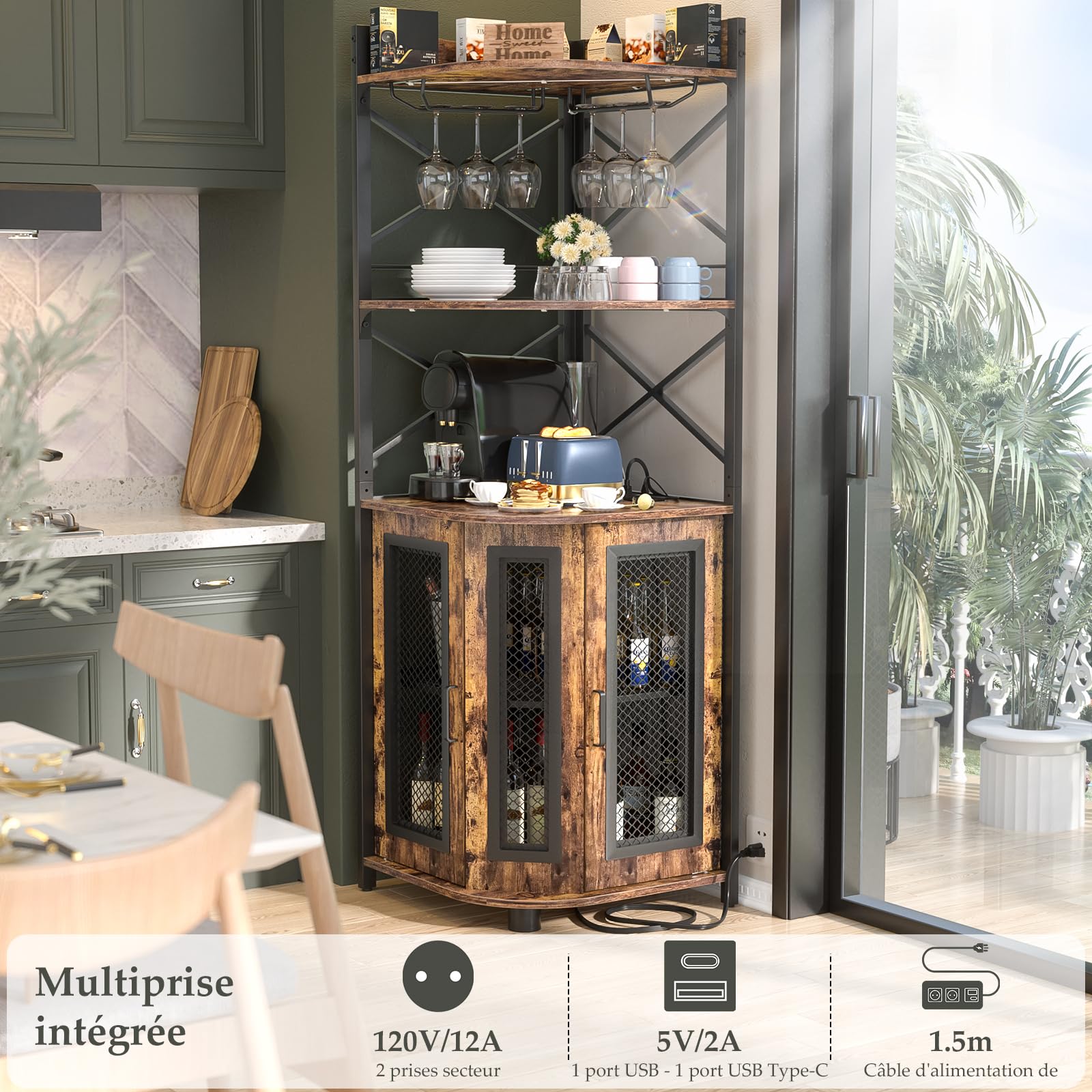 iSunirm Meuble Bar d'angle avec Prise électrique, Meuble à vin Industriel avec Bande LED et Porte-Verres, à liqueurs à 5 Niveaux pour la Maison, vitrine d'angle pour Petits espaces, Marron