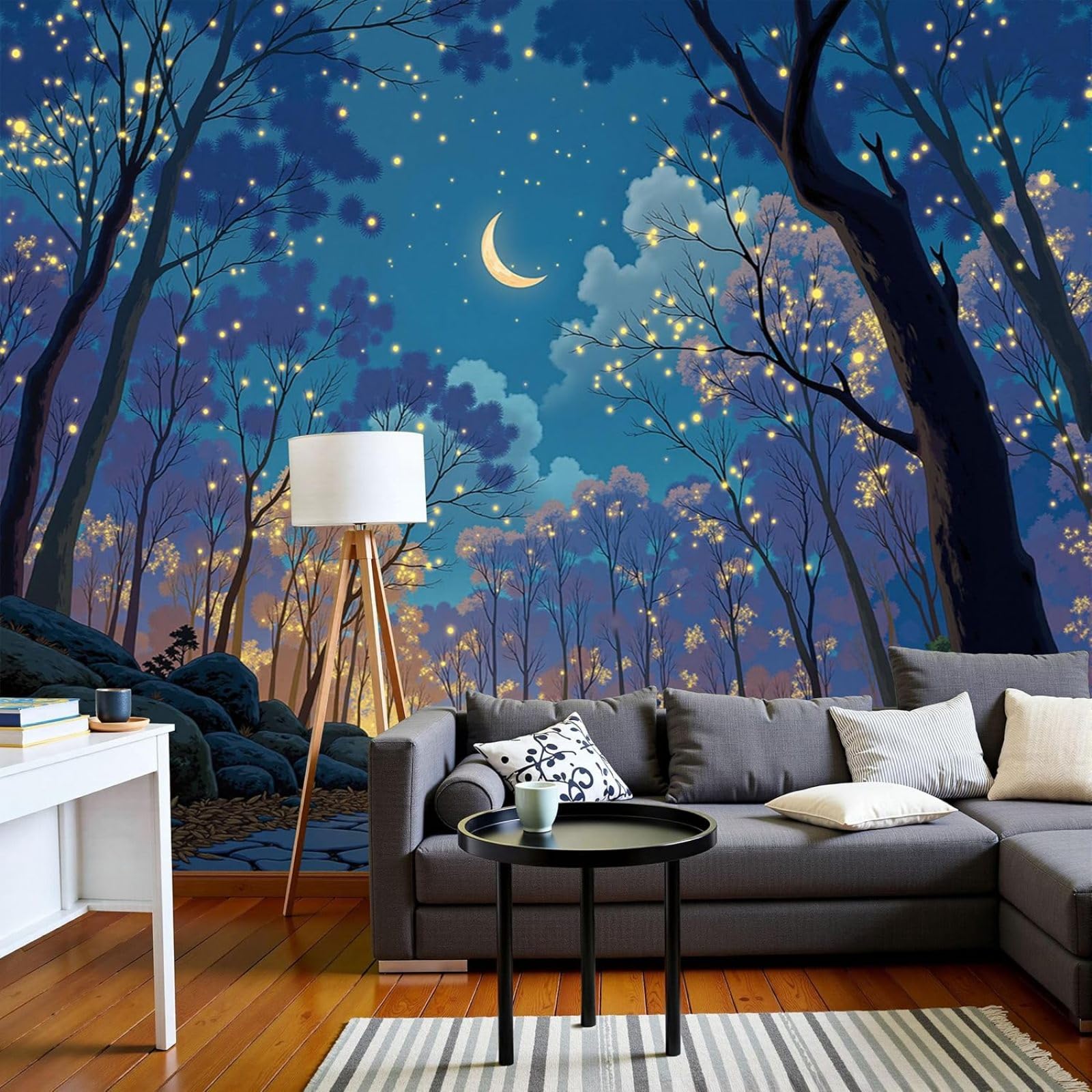 Non-woven photo wallpaper cartoon night sky forest 3D effect, photo wallpaper winter plants for living room bedroom, dark blue non-woven wall mural for wall decoration, 430cm x 300cm stickers - framel