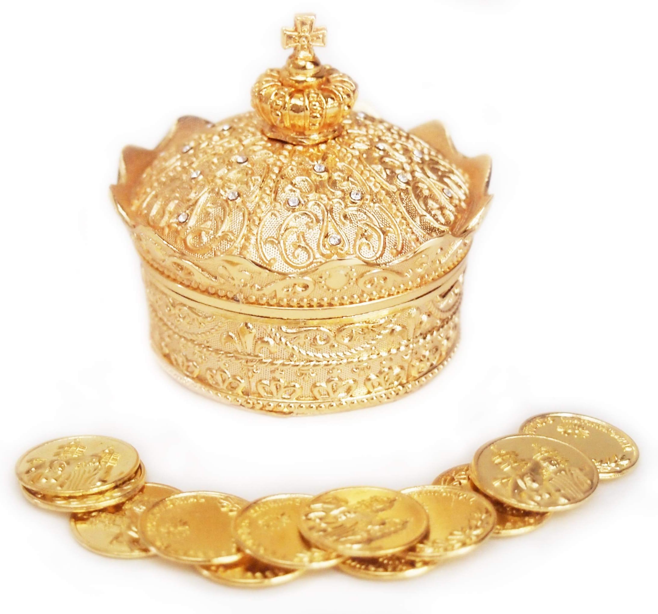 Elegant Gold Crown Wedding Arras with 13 Coins Set