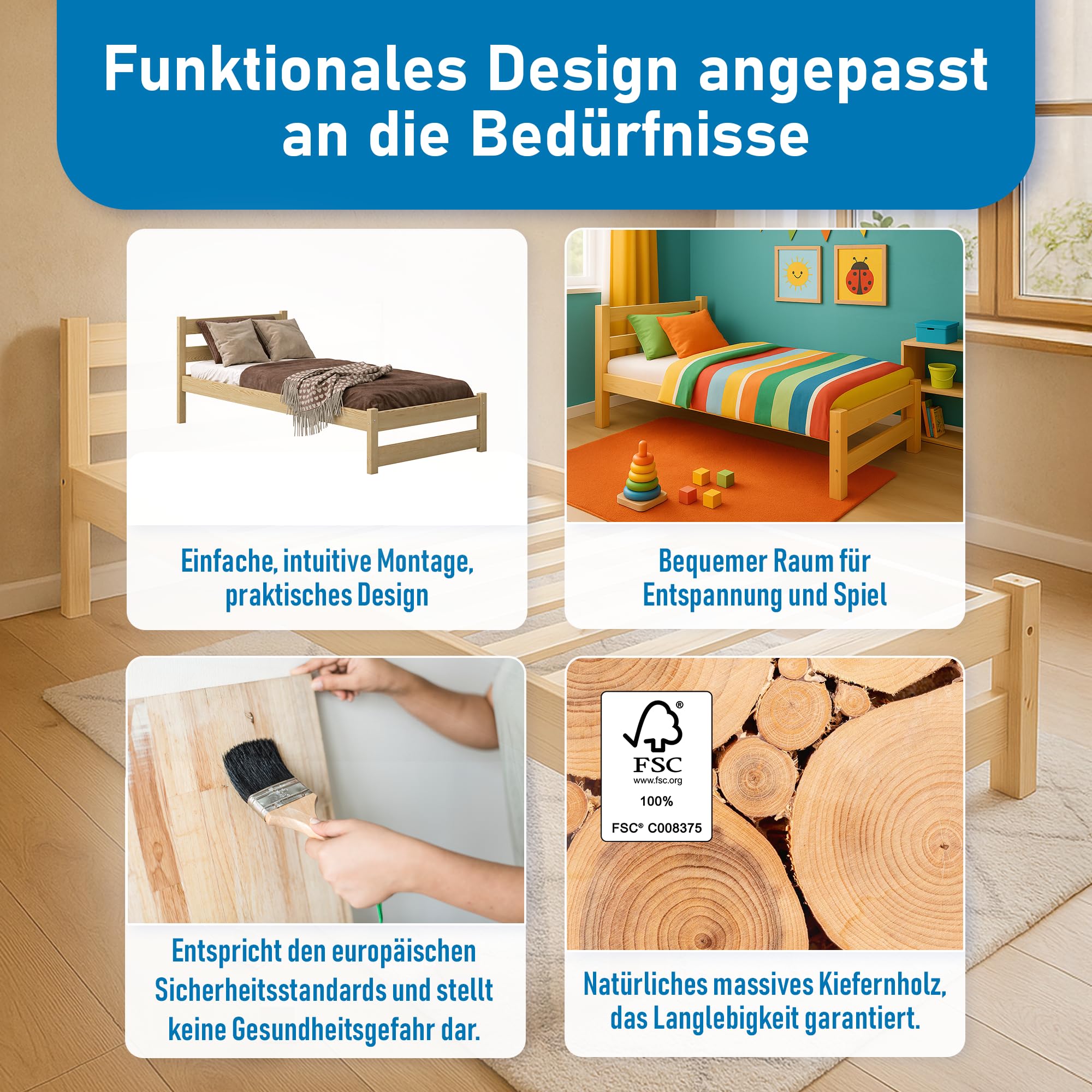 Kinderbett 90x180 cm mit Lattenrost - Einzelbett aus Kiefer Massivholz - Kinder Bett Montessori – Jugendbett – Tagesbett ohne Matratze