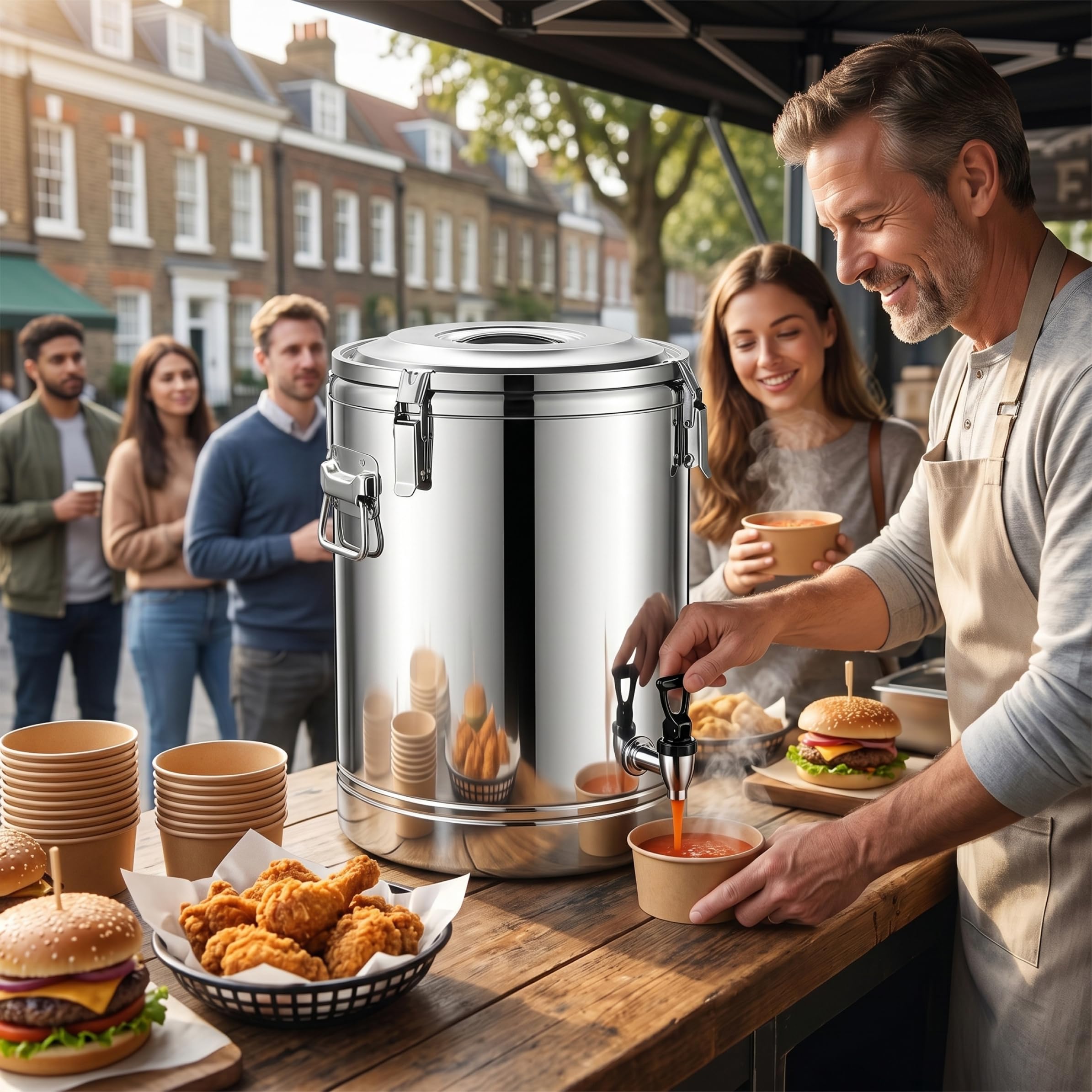 Edelstahl-Wasserspender, 20 l, isolierte Milchkanne, 5 Gal Metalleimer mit auslaufsicherem Verschluss und Zapfhahn für heiße/kalte Flüssigkeiten.