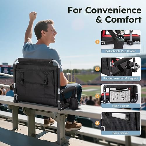 Miniatura 8 de LET'S CAMP Silla plegable para estadio con soporte para tazas, bolsa de malla y ganchos para ocultar, silla de estadio portátil con respaldo y cojín