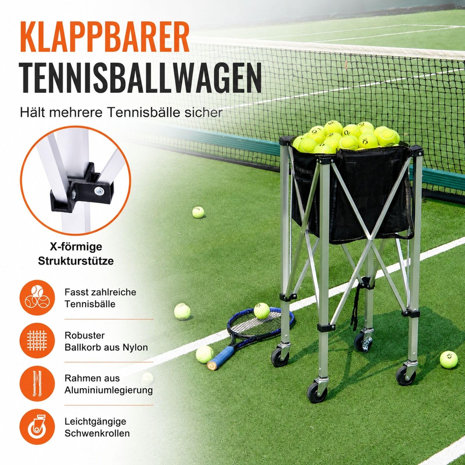 Tennisballwagen mit Rädern, Korb für 150 Bälle, Faltbare Struktur für Tennistraining