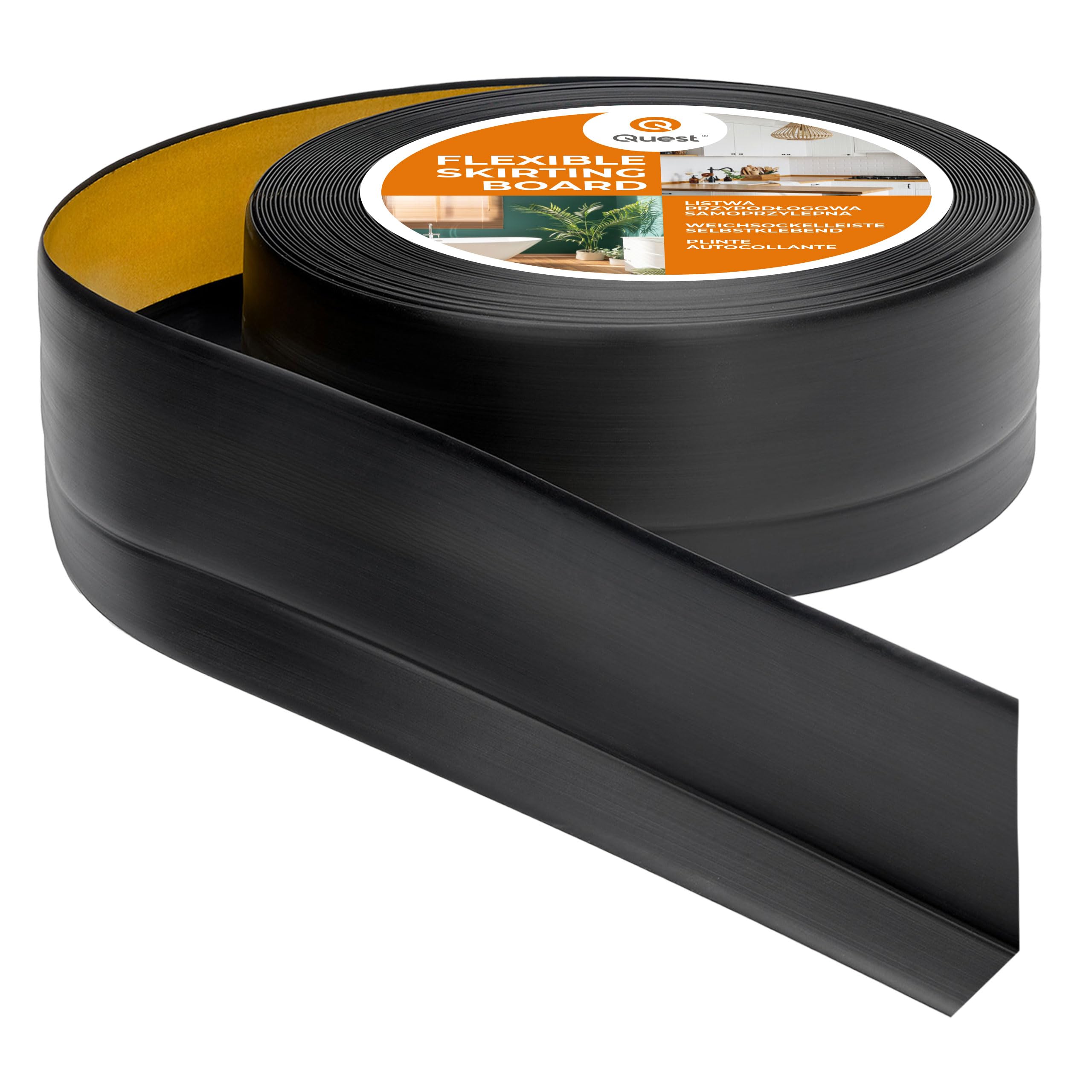 Quest Battiscopa Morbido Adesivo - 50 mm x 20 mm - Listello in PVC, Finitura Flessibile, Profilo Angolare per Cucina, Bagno, Parete, Pavimento - Decorativo (Nero, 25m)