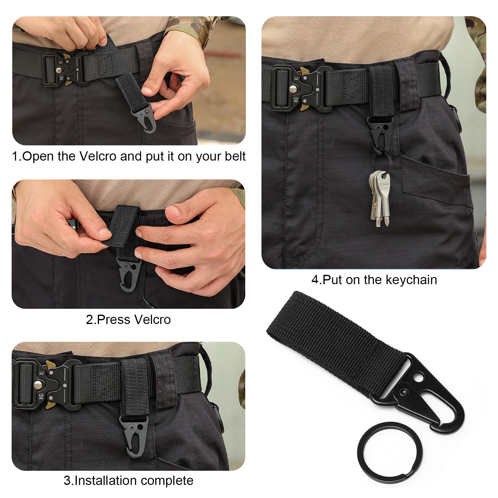 Floatdream 4 stuks Duty Belt Keeper met 2 stuks tactische hangende riem, karabijnhaak, riem karabijnhaak van nylon riemkeeper, voor kamperen, wandelen