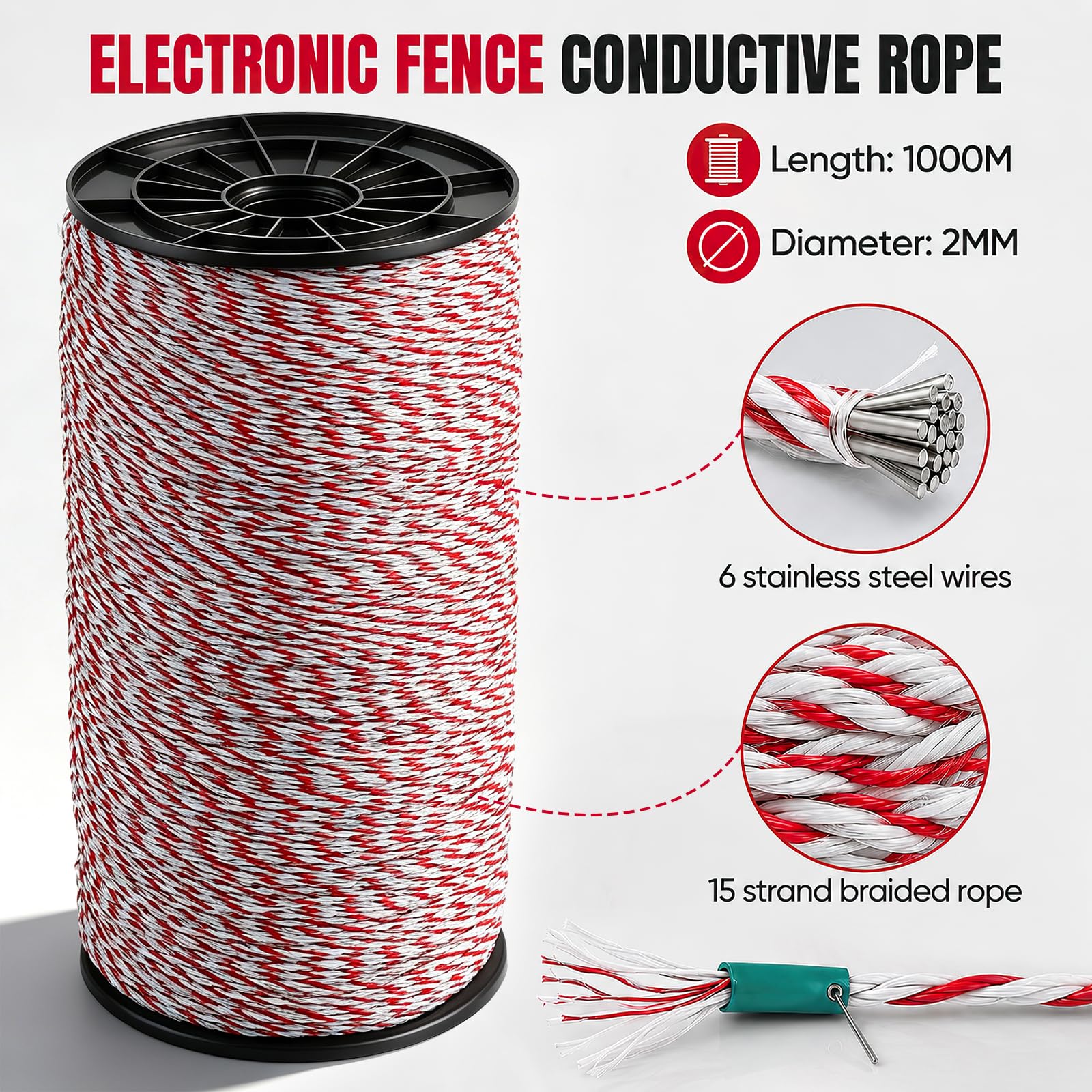 Filo Recinzione Elettrica 1000m, Corda per Recinzione Elettrica | Filo resistente per recinzione elettrica Corda elettrica bianco-rossa per cavalli, bovini e ovini