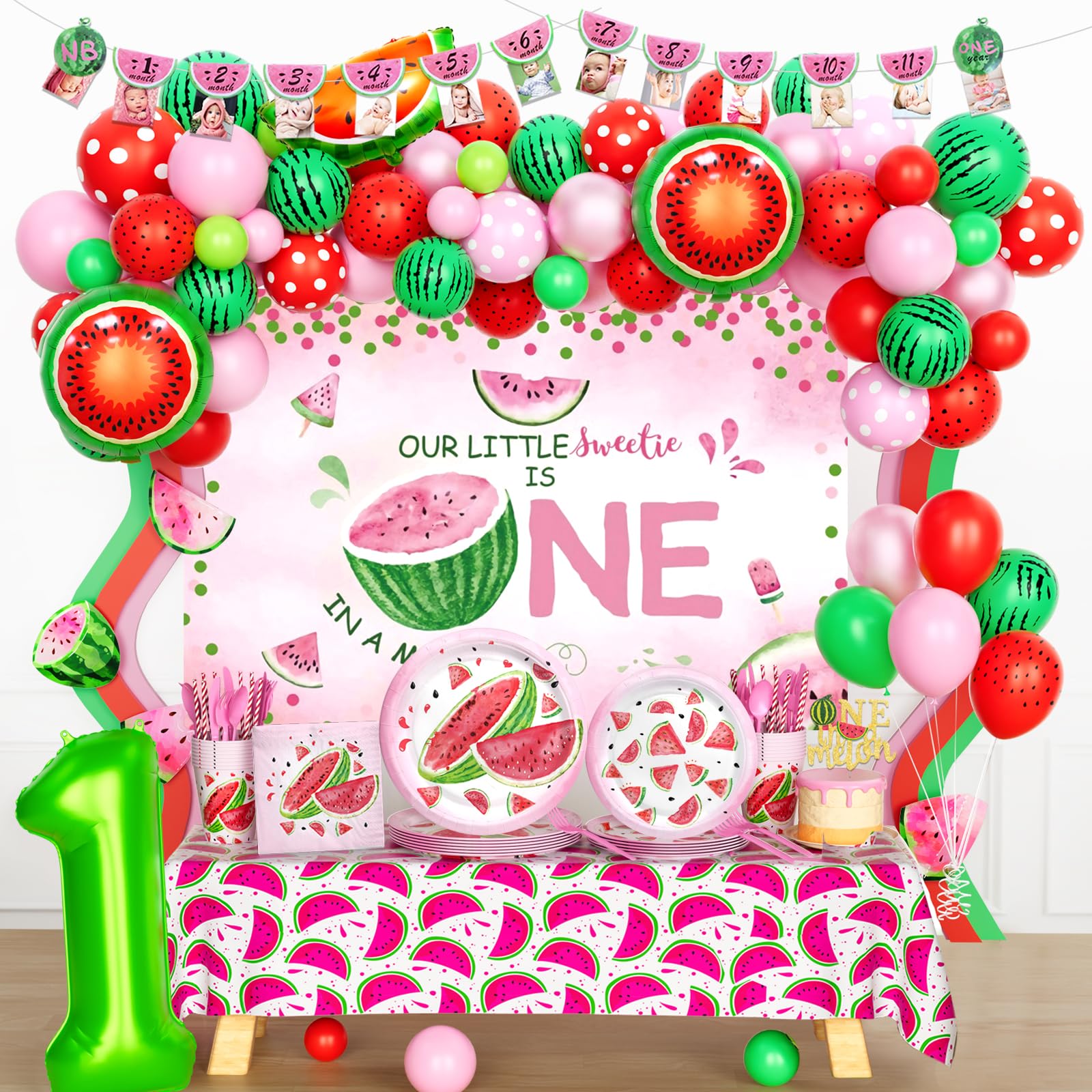 Hombae One In A Melon Party Decorations – 199 PCs Watermelon Themed 1st Party Supplies with Backdrop, Balloon Garland, Plates, Napkins, Cups,