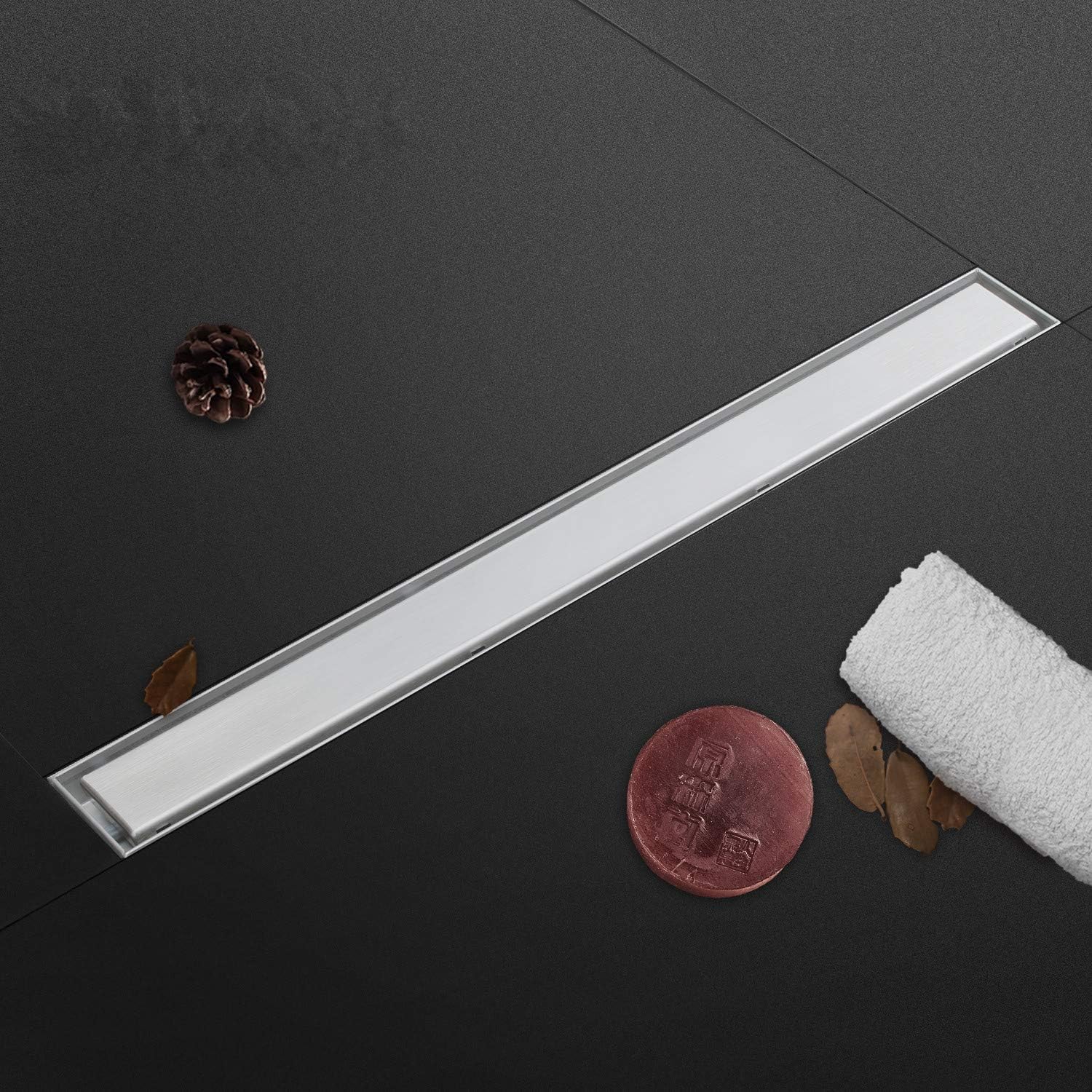 24 Inch Rectangular Linear Shower Drain with Tile Insert Grate, Brushed 304 Stainless Steel Shower Floor Drain, Hair Catcher For Bathroom