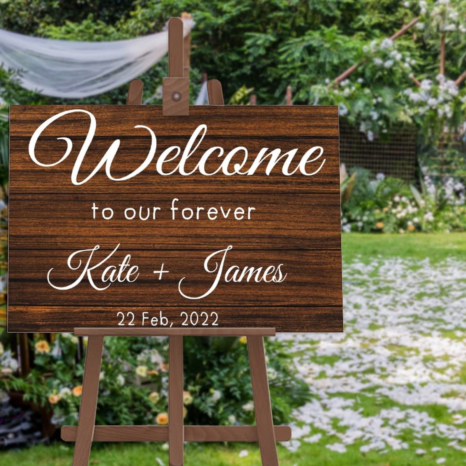 Panneau de mariage en bois Welcome to Our Forever rustique chic