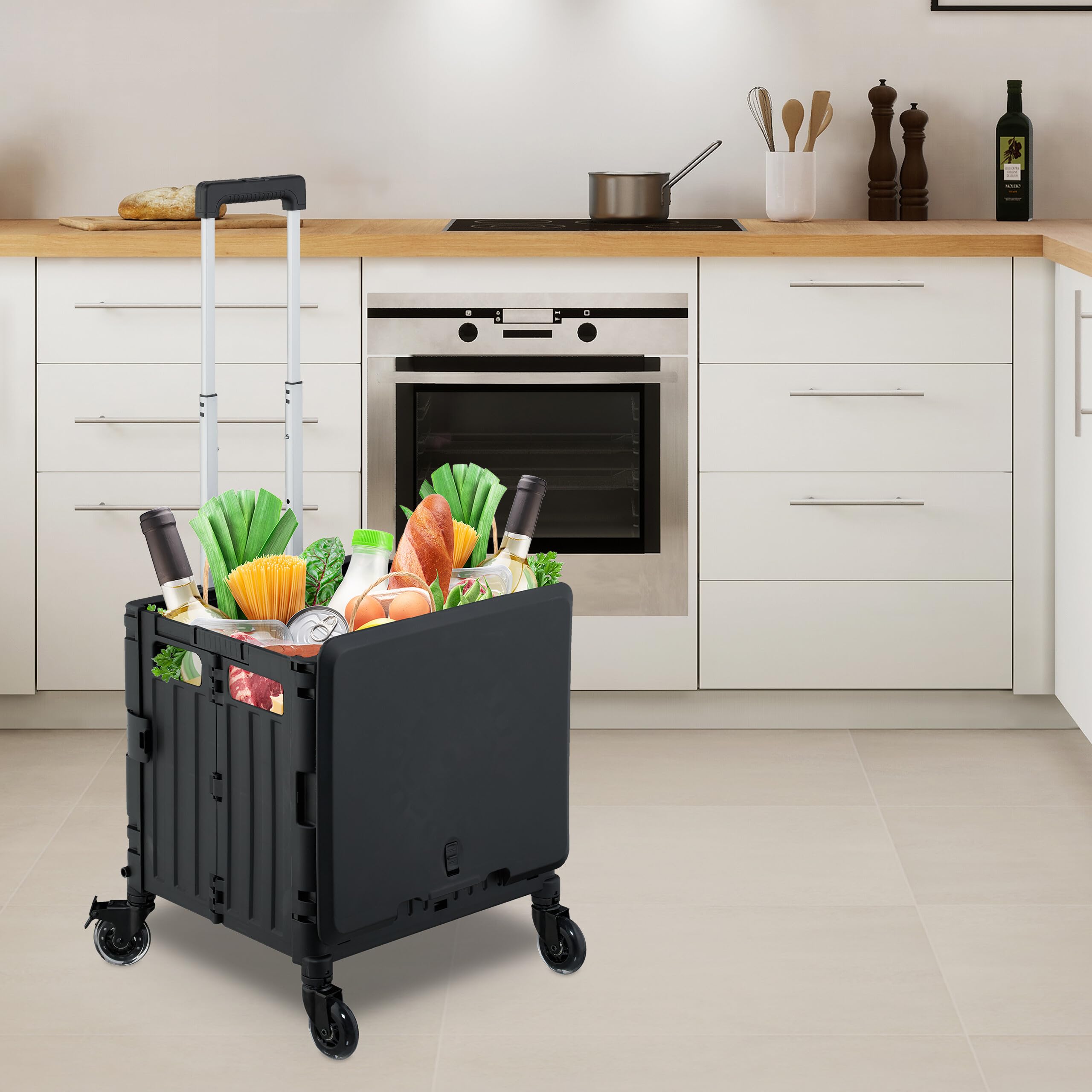 Relaxdays Carrito de Compra Plegable, Carro con Ruedas Giratorias, para 35 kg, Caja con Mango Telescópico y Tapa, Negro
