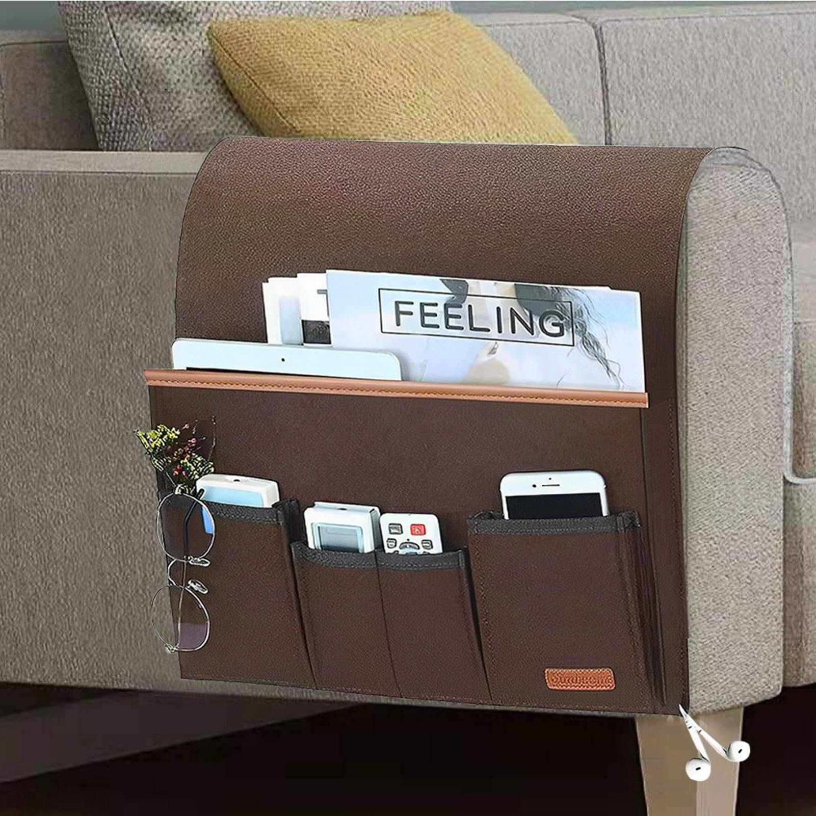Sofa Armchair Caddy Sofa Armrest Organizer Chair Arm TV Remote Holder for Recliner Couch rmchair Caddy Bedside Storage Pockets Bag for Tablet (COLOR:brown)