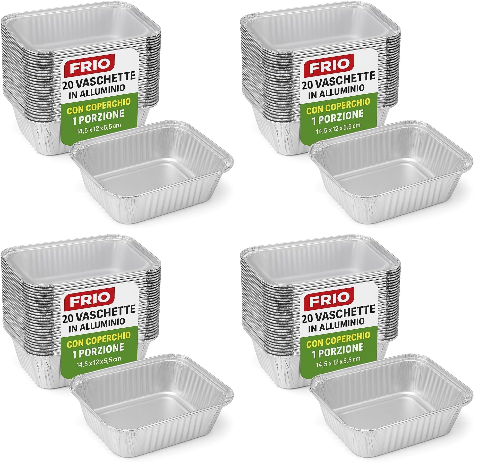 FRIO 20 bandejas de aluminio de una porción con tapa, 1 porción, 14,5 x 12 x 5,5 cm, ideales para Take Away, Catering, asador, horno y congelador, cocina y conservación de alimentos (Paquete de 4)