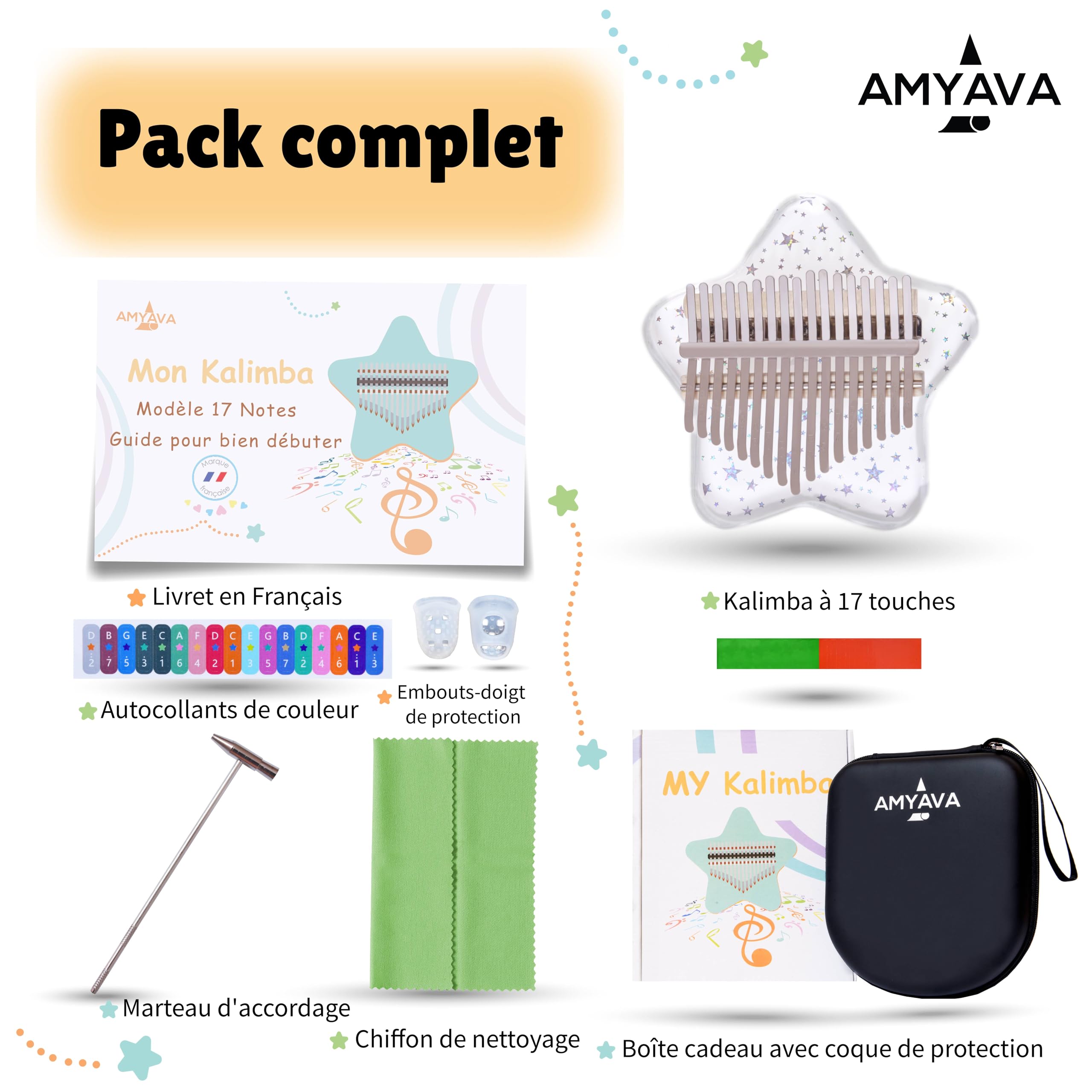 Kalimba 17 touches en Cristal Acrylique, Instruments de Musique portables Mbira, joli Cadeau Musical-Coffret Complet Incluant Ebook et instructions en Français pour Enfants et Adultes débutants.