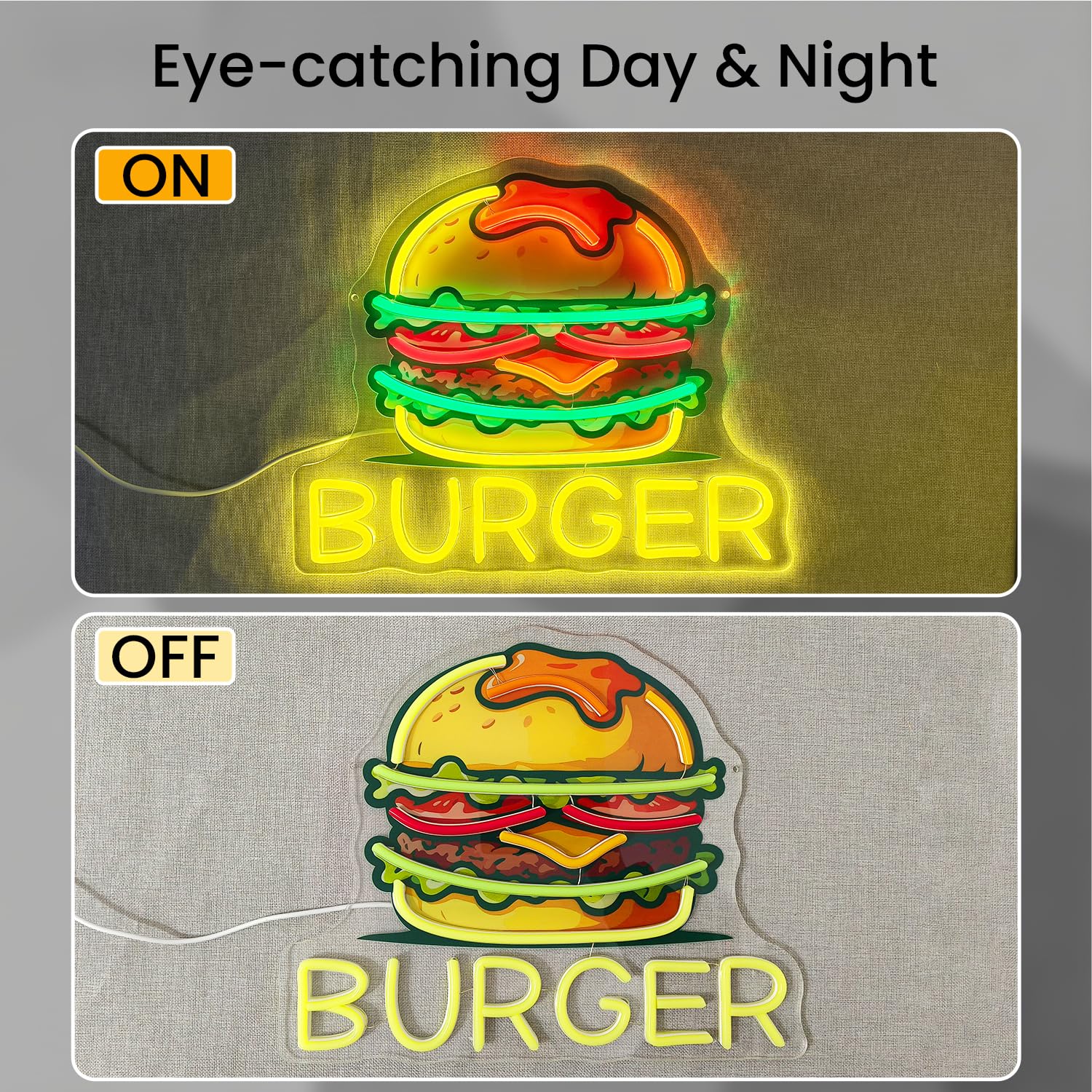Panneau néon Burger, Panneau LED Hamburger lumineux, Décoration de mur pour restaurant, snack-bar, magasin de fast-food, camion de restauration, cuisine, cave de l’homme, chambre à coucher, fête