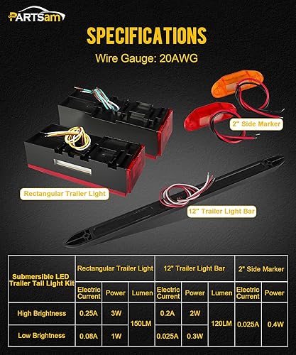 Miniatura 4 de Partsam Kit de cola rectangular con luz LED, 8 marcadores, arnés de cableado de 25 pies, luces de matrícula de freno y giro trasero para barcos, 12 V