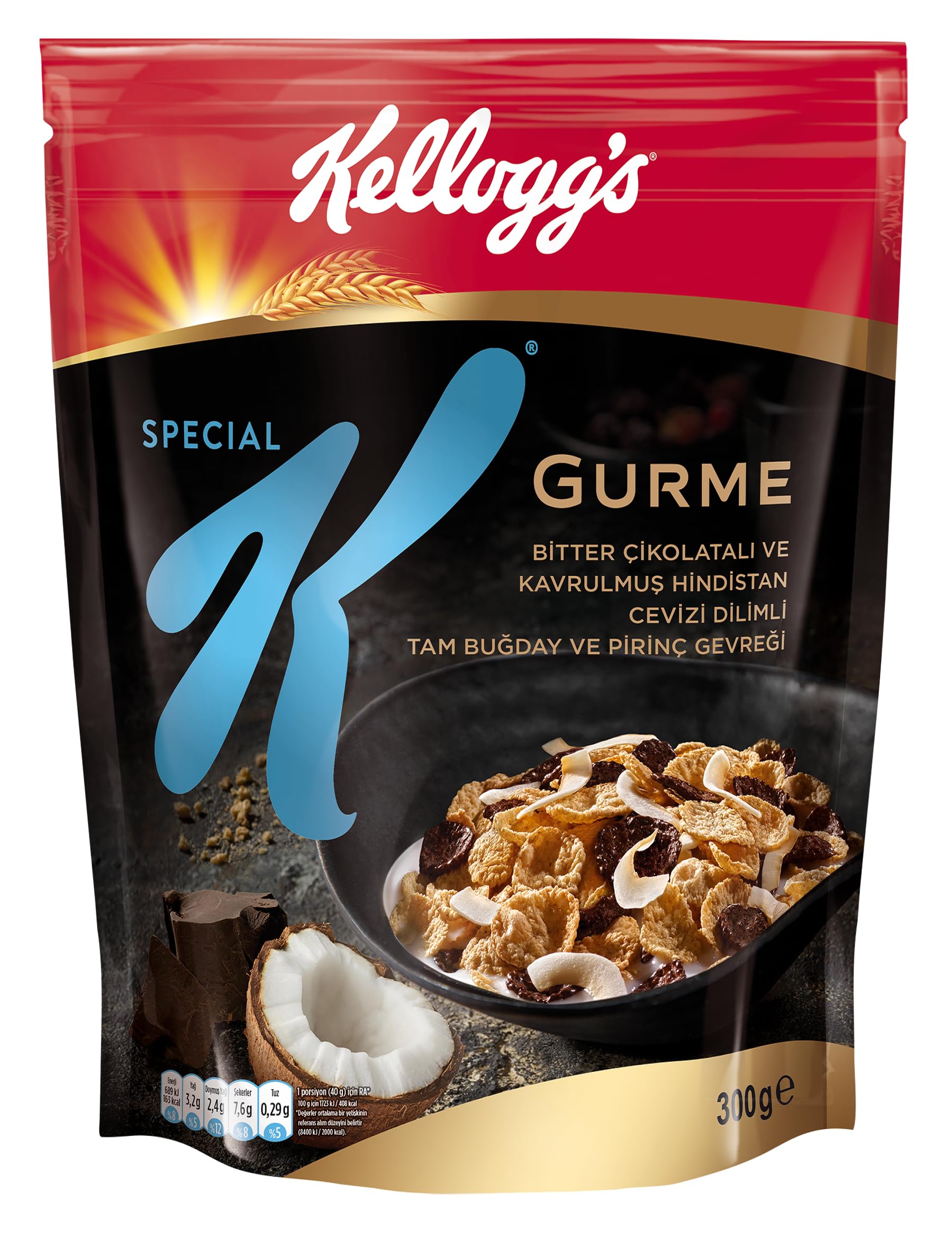 Kellogg's Special K Gurme Kavrulmuş Hindistan Cevizi Dilimi ve Bitter Çikolata Parçalı Kahvaltılık Tam Buğday ve Pirinç Gevreği 300 Gr,Tam Tahıllı,Lif Kaynağı,En Az %42 Kakao Kitlesi içerir