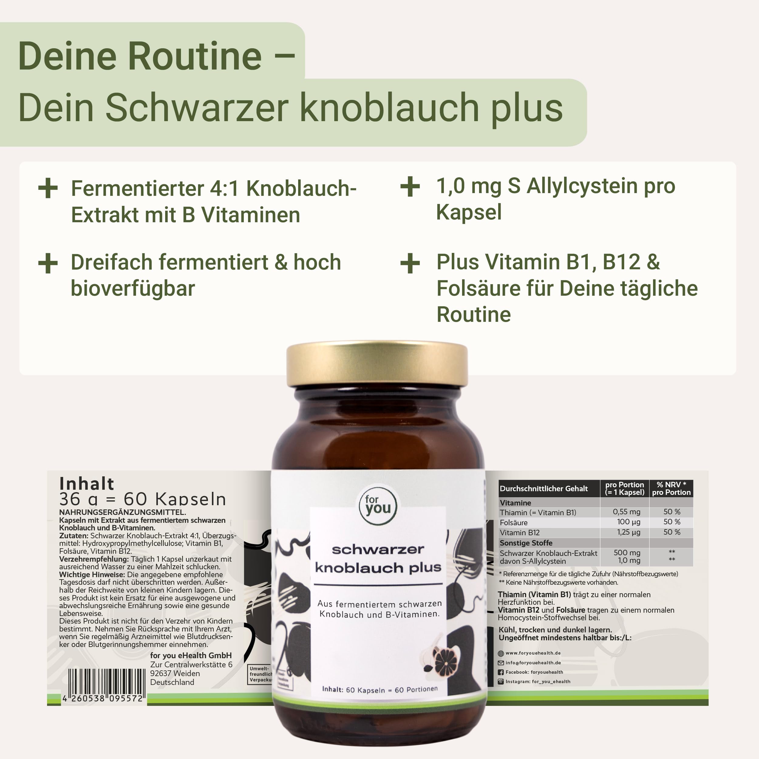 for you Schwarzer Knoblauch Kapseln – fermentierter 4:1 schwarzer Knoblauch-Extrakt mit 1 mg S-Allylcystein pro Kapsel, Vitamin B1, B12 & Folsäure – geruchsneutral, vegan – 120 Kapseln
