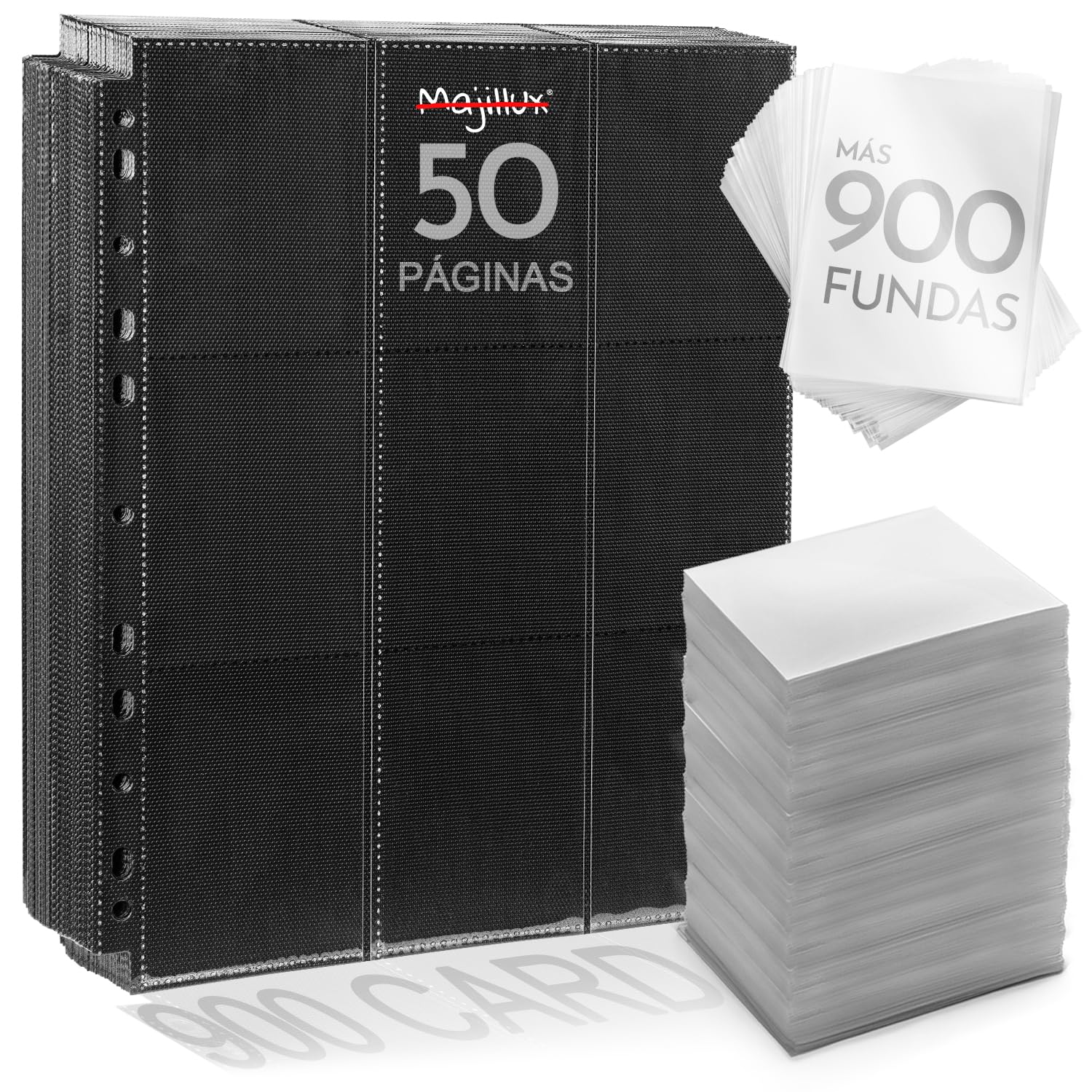 Pack 900 Protège-Cartes - 50 Feuilles Doubles Noires à Ouverture Latérale et 900 Plastique Pochettes pour Cartes - Compatible avec Pokémon, Magic, Yu-Gi-Oh