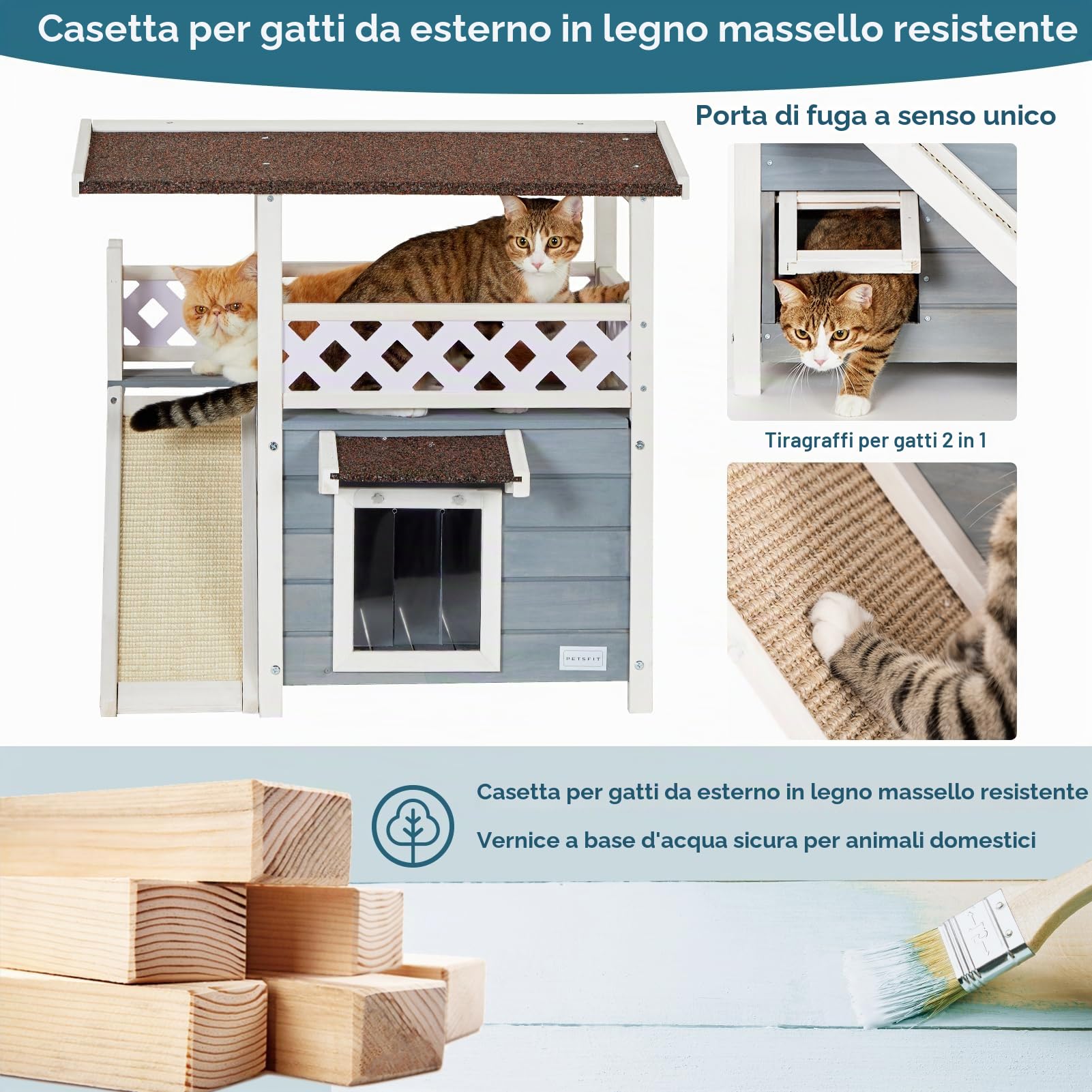 Petsfit Casetta per Gatti in Legno, con Tetto Asfalto, Cuccia per Gatto da Esterno (Grigio con tiragraffi, 76x56x72.4cm)