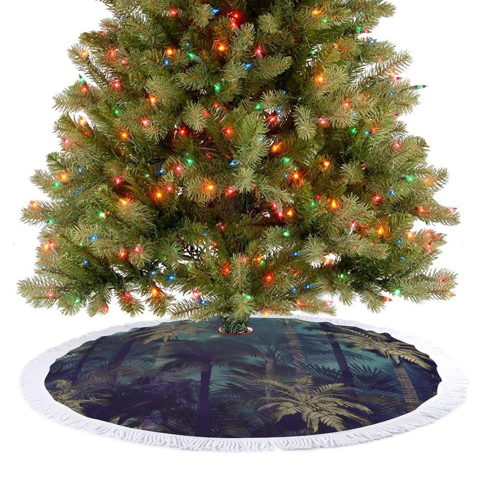 Fantasy Palm Tree Jungle Christmas Tree Skirt 48" Rustic Xmas Tree Mat with Tassel Ornament Christmas Trees Cover Skirt Mat for Evergreen Trees Ornament Winter Holiday Mats Decorations