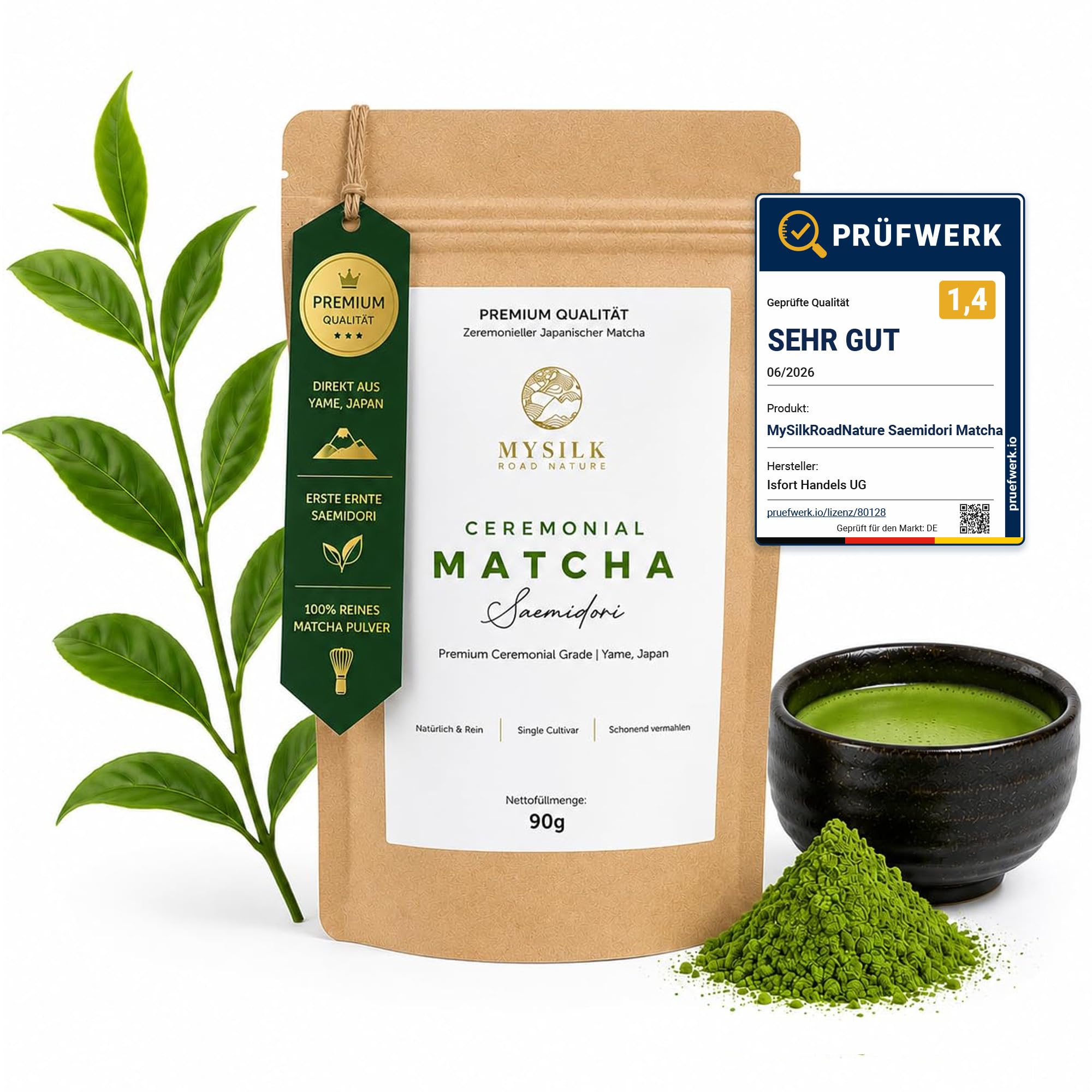 MySilkRoadNature Saemidori Matcha Pulver 90g aus Yame in Japan I Ceremonial Grade Single aus erster Ernte I Reines Matcha Tee Pulver für Matcha Latte & Tee Zeremonien