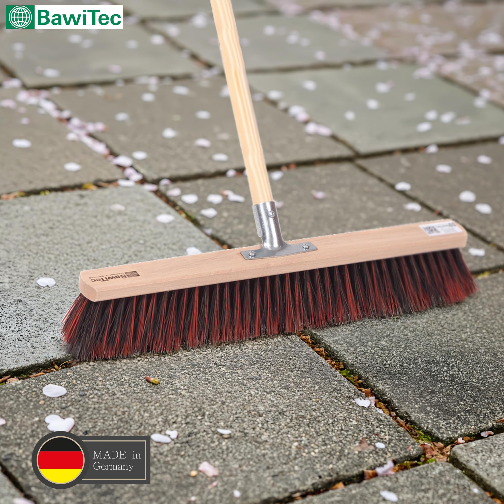BawiTec Spezialbesen Arenga-Elaston-Borsten-Mix Breite 60cm inkl. stabilem Holzstiel Ø28mm Länge 160cm, Straßenbesen Kehrbesen Besen mit Stiel und Metall-Stielhalterung verschraubt Arengabesen