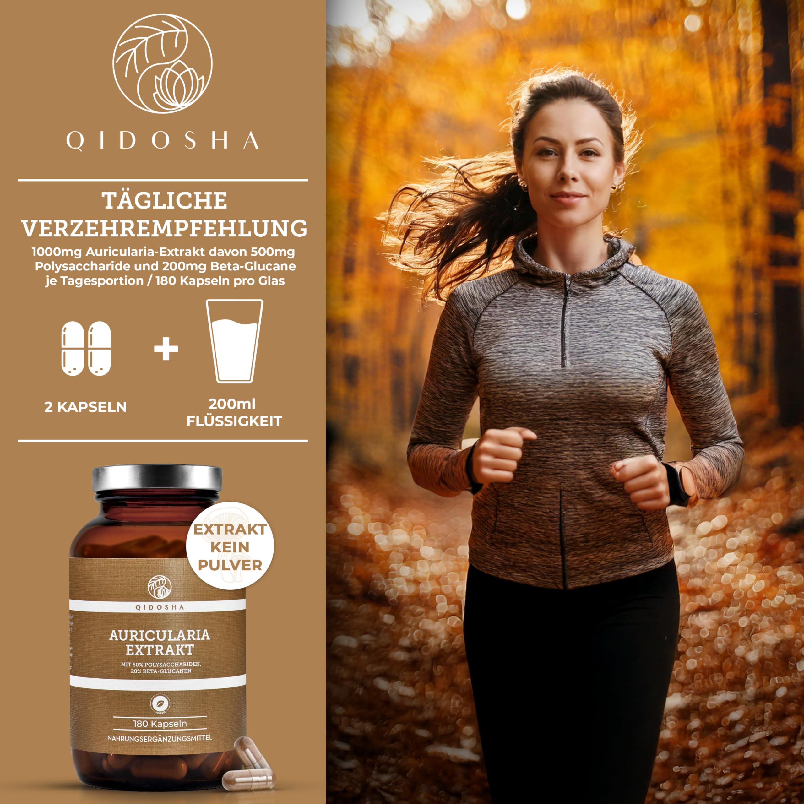 QIDOSHA® Auricularia 40:1 Extrakt Kapseln, 180 Stk im Apothekerglas, hochreiner Auricularia Extrakt mit 500mg je Kapsel, davon 50% Pilz-Polysaccharide, 20% Beta-Glucane, Judasohr Kapseln