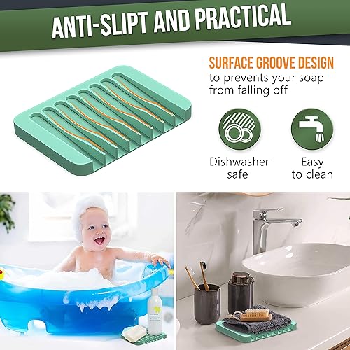 Miniatura 6 de ZAPPOWARE - Juego de 2 jaboneras de silicona con drenaje, soporte para jabón en barra (verde claro) para ducha y lavabo de baño, bandeja