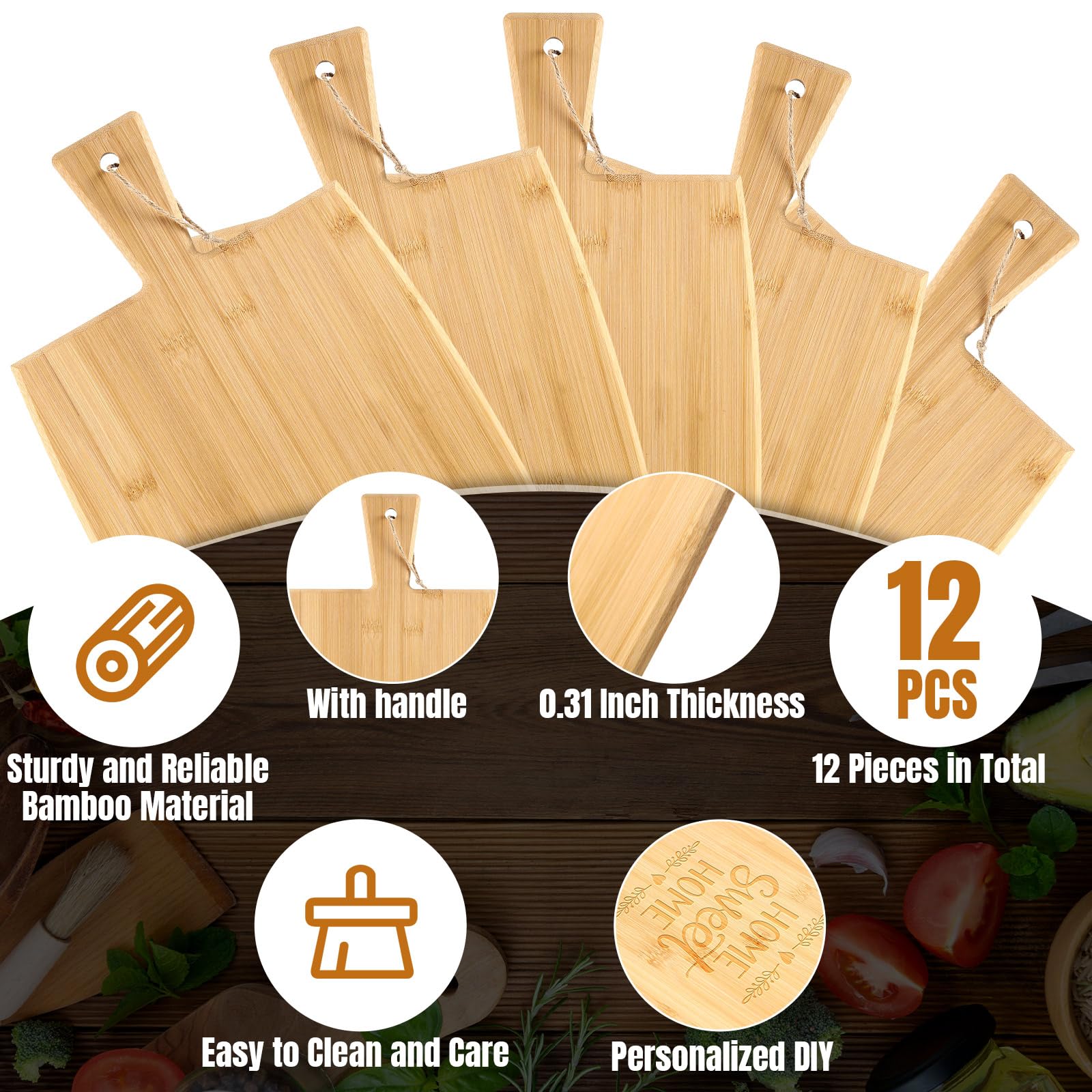 Juego de 12 tablas de cortar lisas con asas, tabla de servir grande de madera, tabla de cortar a granel para verduras, carne, pizza, queso, pan de frutas (17 x 10 pulgadas, bambú)