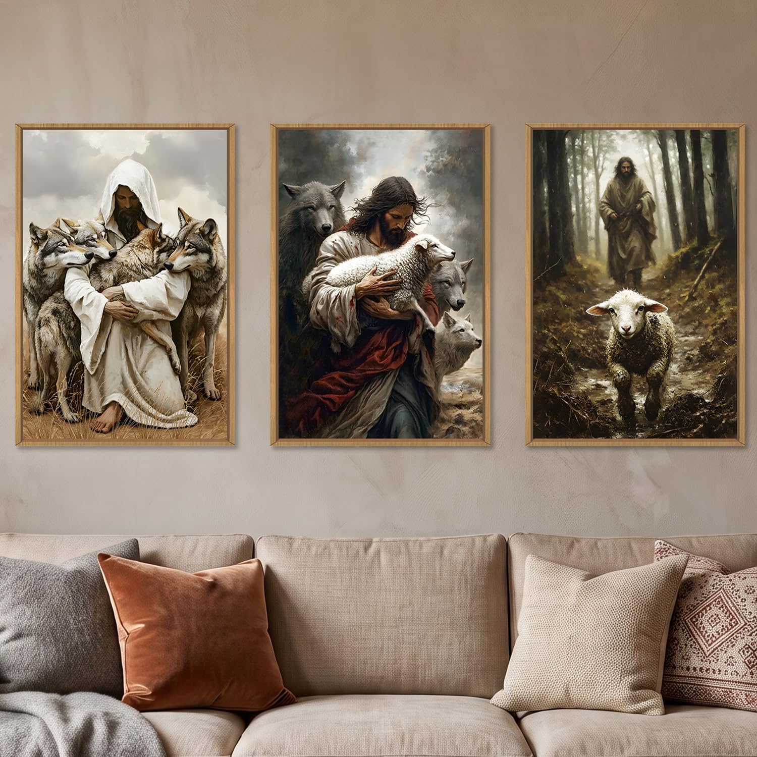 KAIRNE Jesus Lost Lamb Framed Canvas Wall Art Set,Vintage Shepherd Protect a Lamb from Wolves Wall Decor,Retro Religious Bible Faith Artwork for Living Room,Bedroom,Church-24 x36 x3