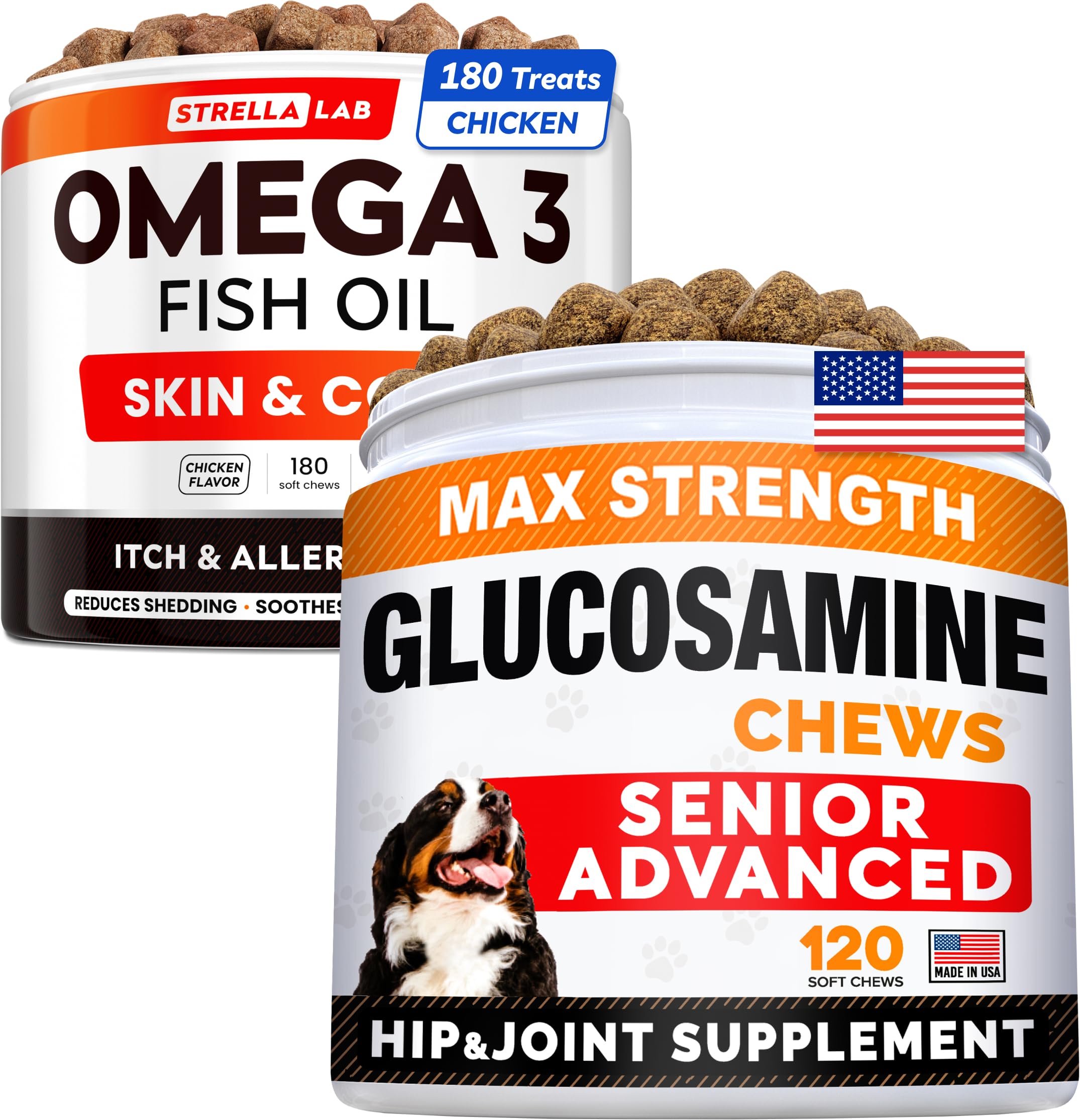 Senior Advanced Glucosamine Joint Supplement + Fish Oil Omega 3 Treats Bundle - Hip & Joint Pain Relief + Allergy and Itch Relief - Chondroitin, MSM + Omega 3 6 9, EPA & DHA - 120 + 180 Soft Chews