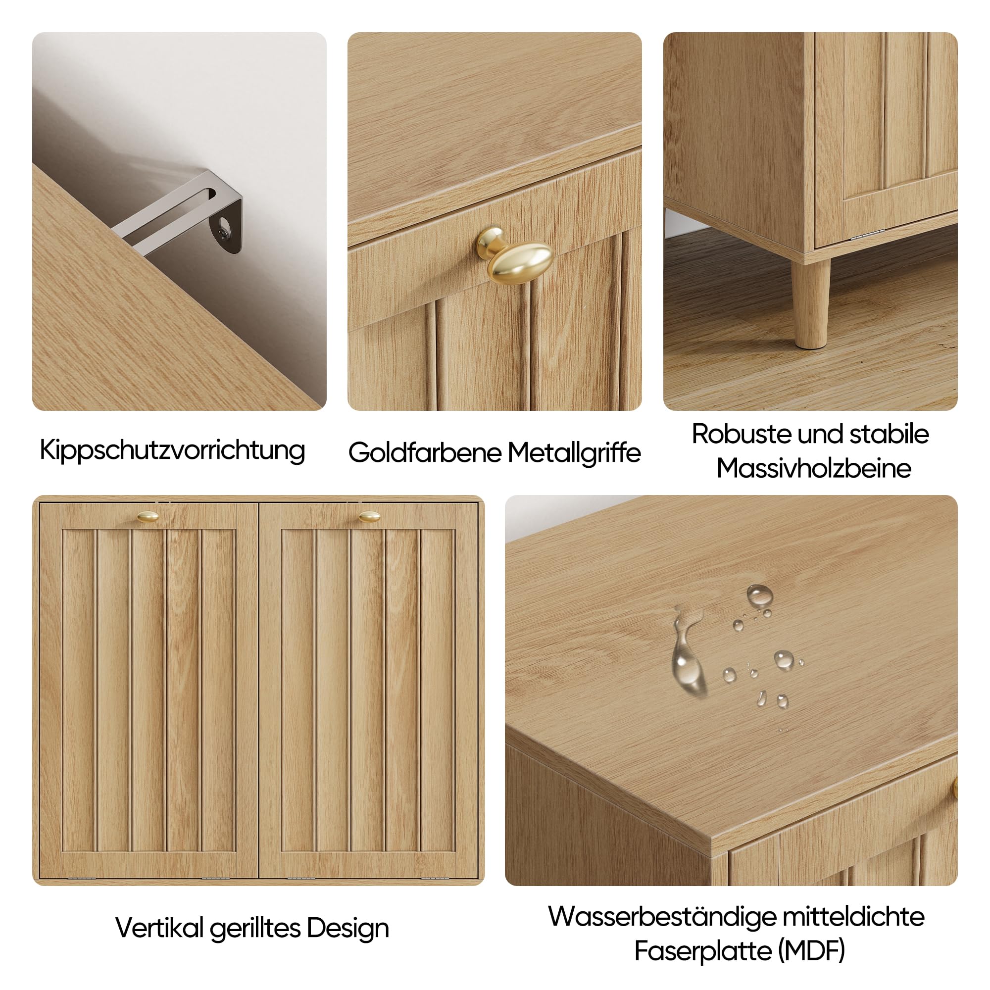 Badezimmerschrank mit Wäschekorb Eiche – schräger Wäscheschrank mit 2 herausnehmbaren Körben, Badschrank mit Wäschekippe & Kippschutz – freistehender Home-Organizer für Waschküche & Bad