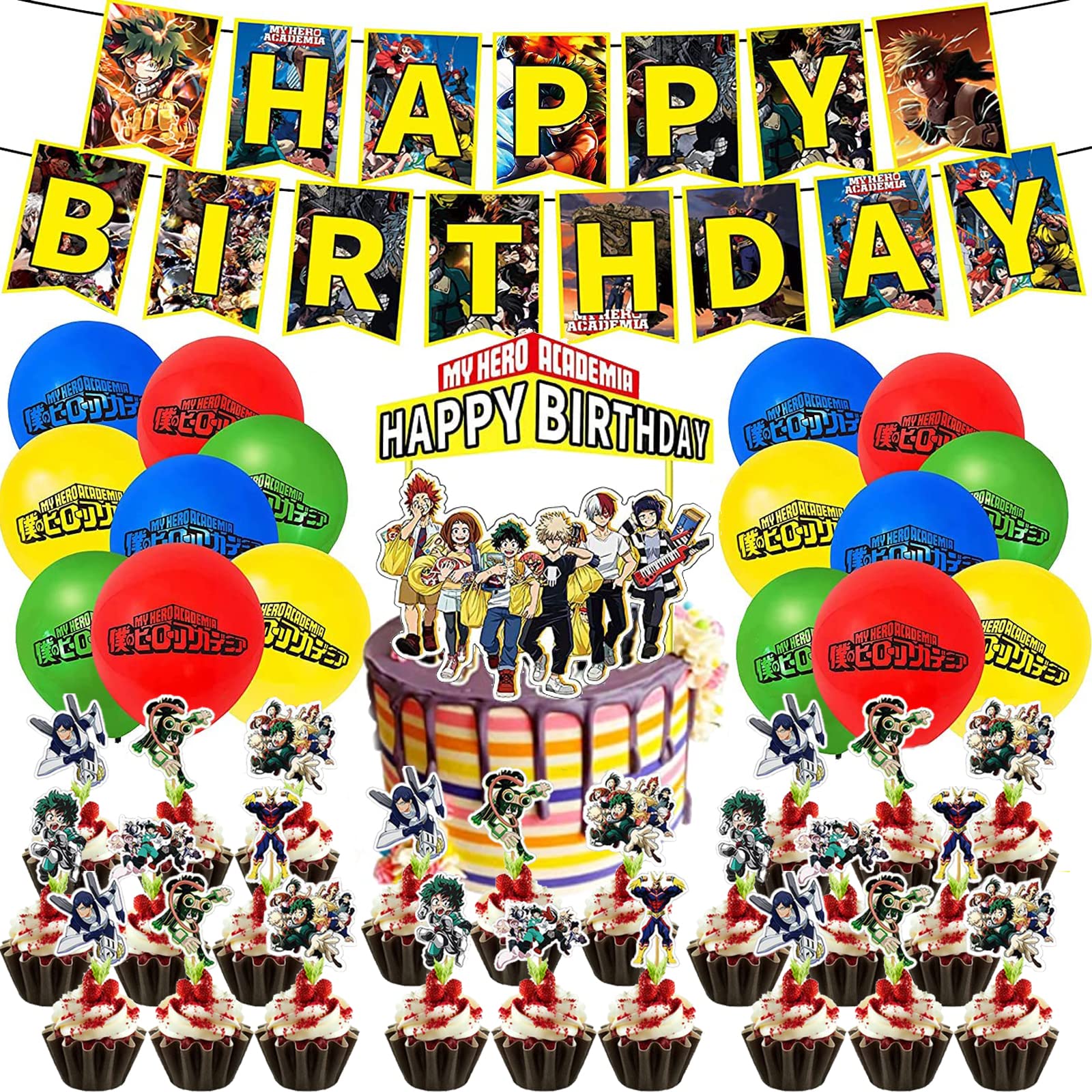 My Hero Academia Birthday Decorations, 48Pcs My Hero Academia Birthday Party Supplies, Anime Birthday Decorations Include Happy Birthday Banner, Colorful Balloons, Cupcake Toppers for MHA Fans