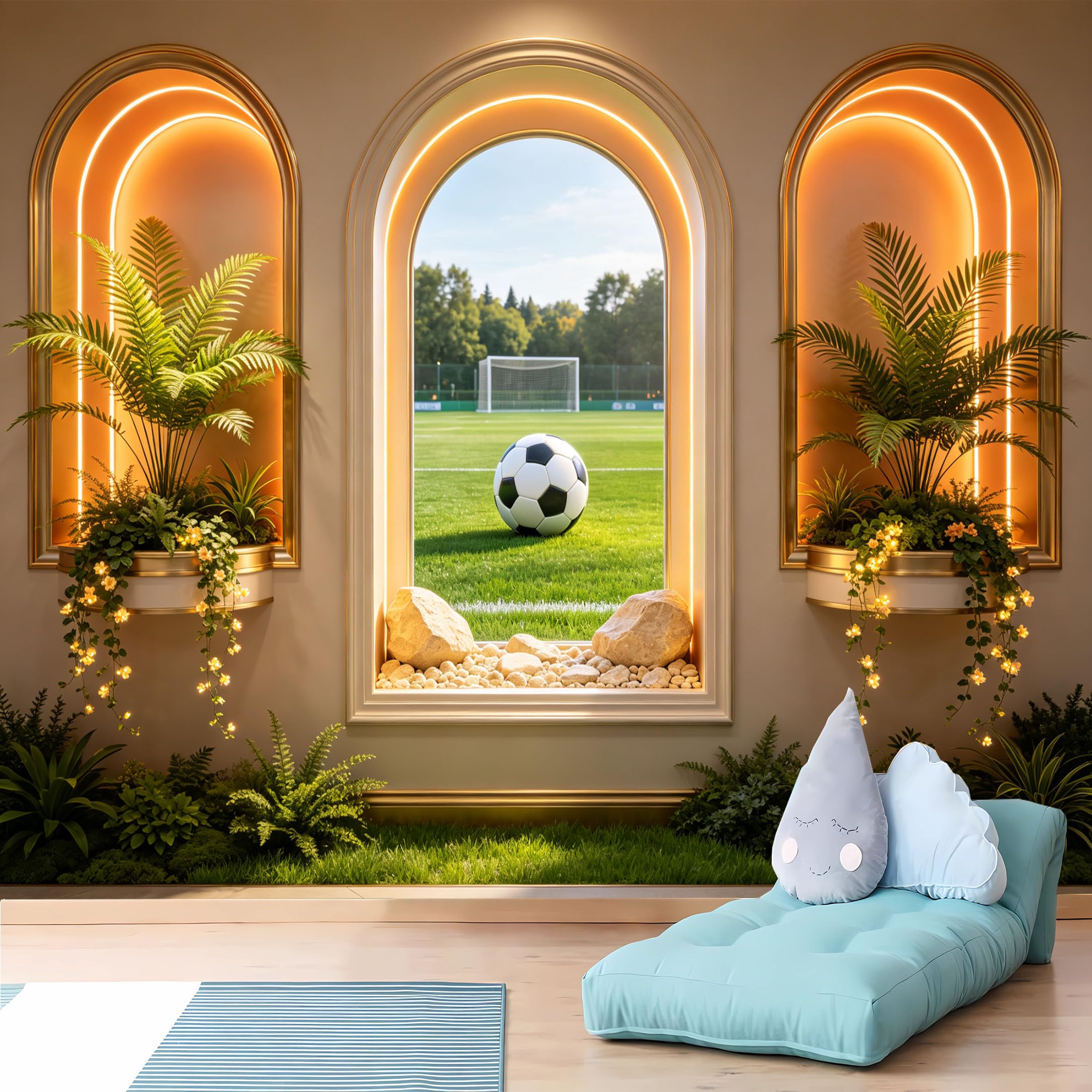 Custom Size Wall Murals,3D Soccer Field View from Arched Window Wall Murals,Vivid,Self-Adhesive Removable Wallpaper for Living Room Home Decor